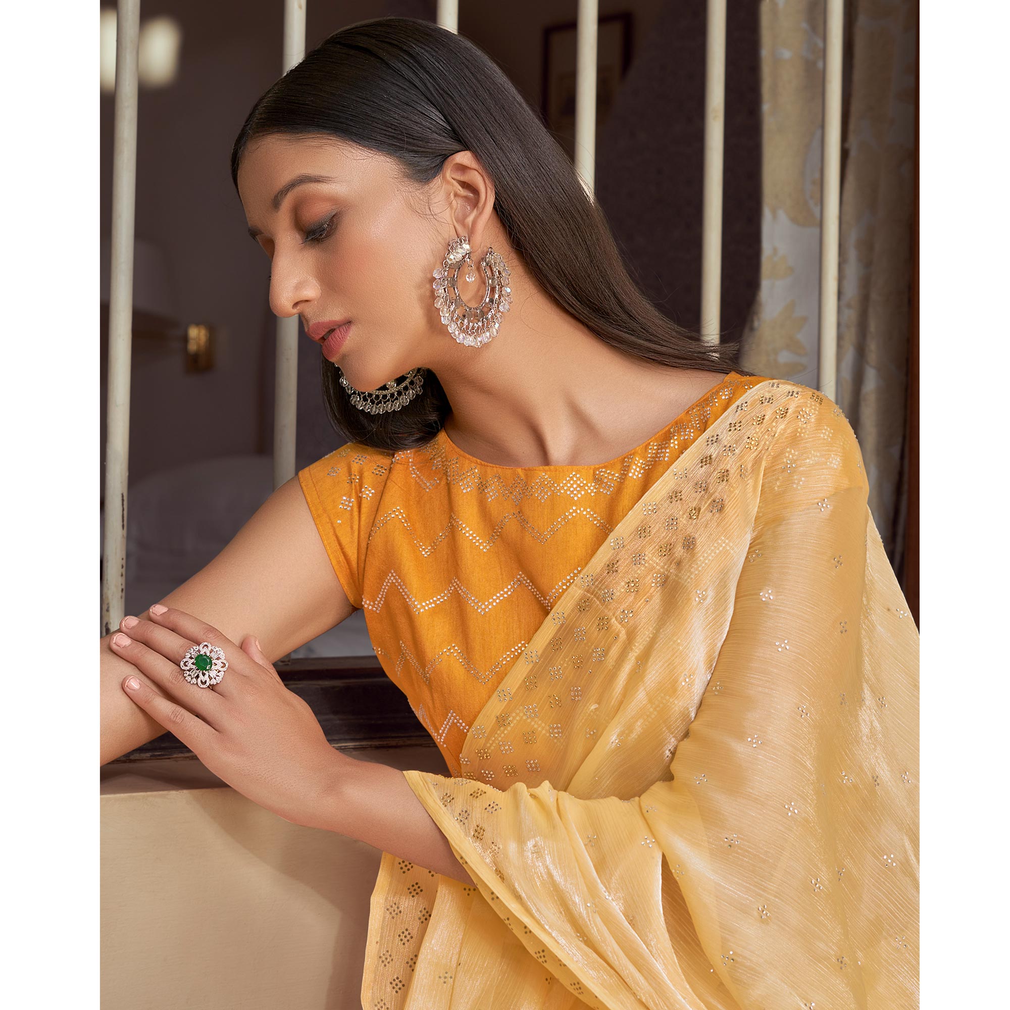 Yellow Embroidered Tissue Saree