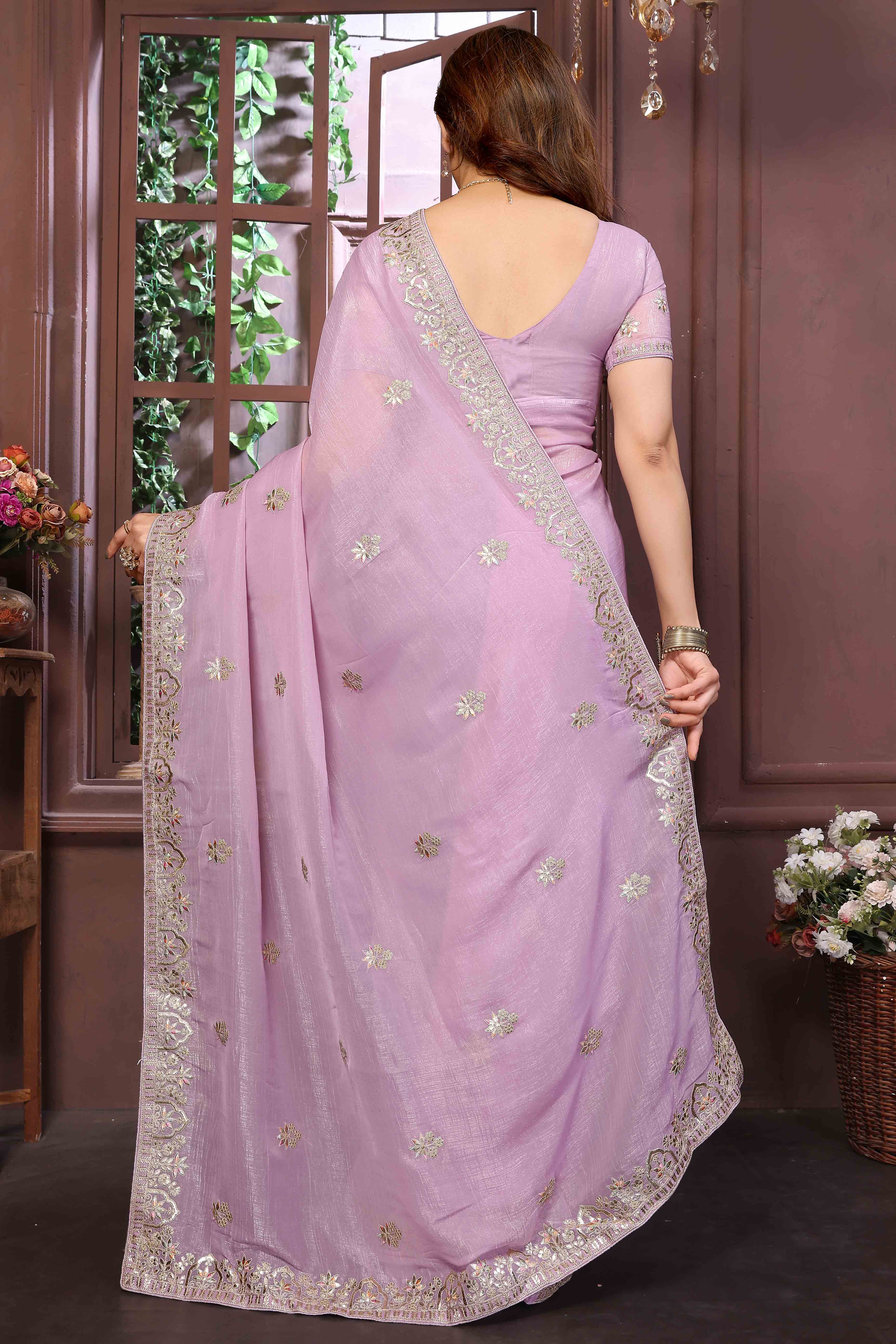 Light Purple Crunchy Saree With Enchanting Floral Gota Patti Work
