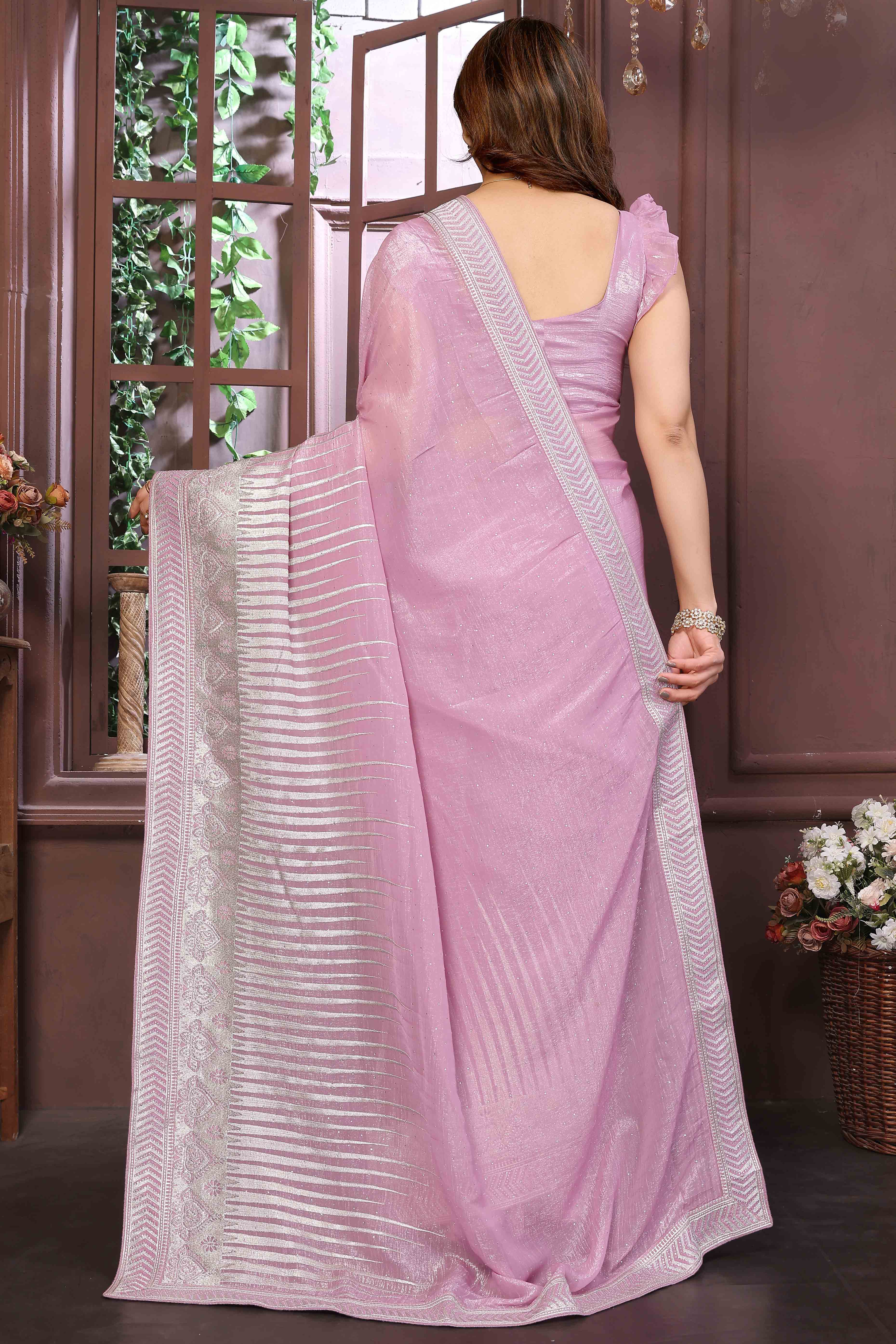 Swarovski Work Saree In Onion Pink With Delicate Floral Zari Border