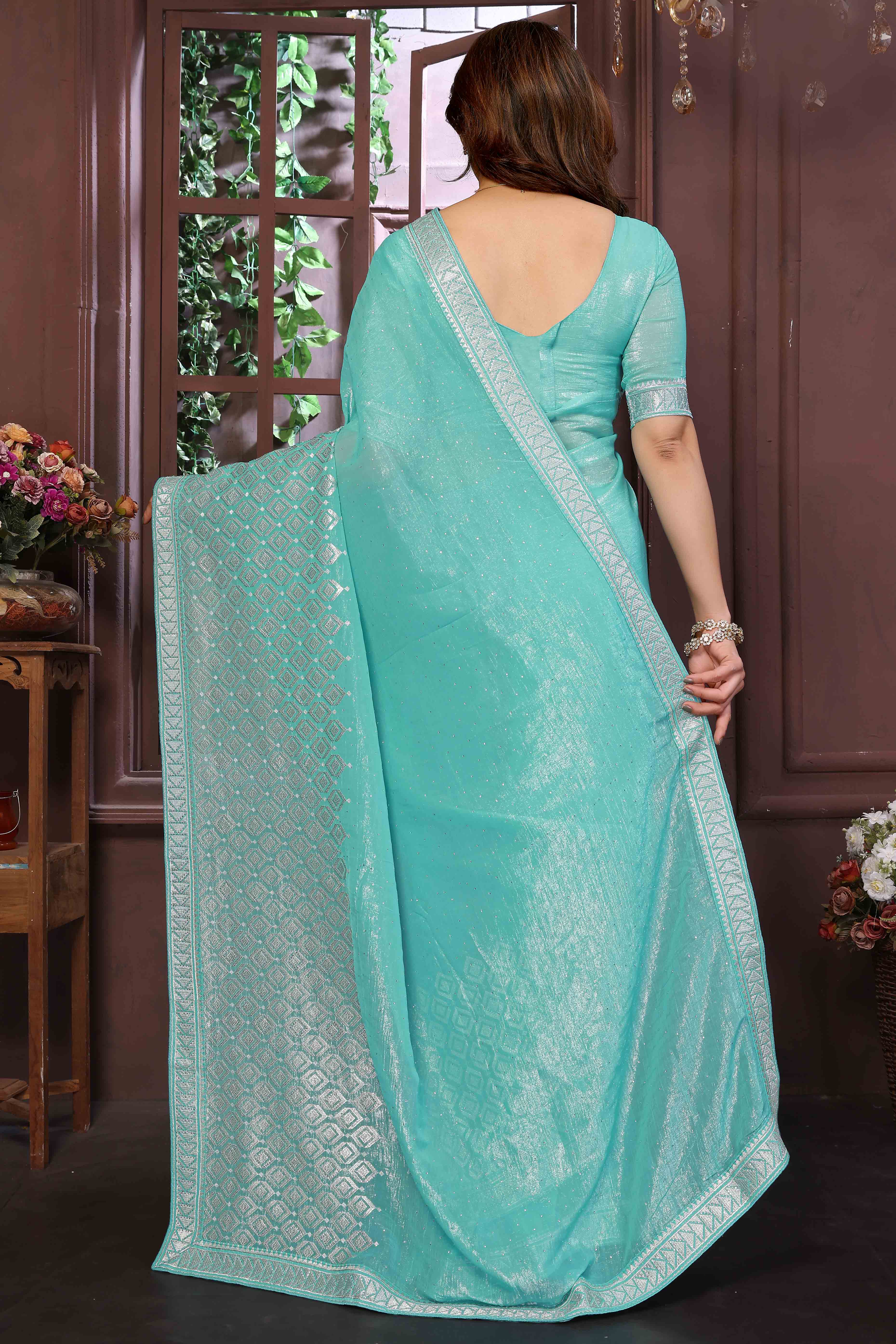 Turquoise Crunchy Saree With Swarovski Sparkle & Floral Zari Grace