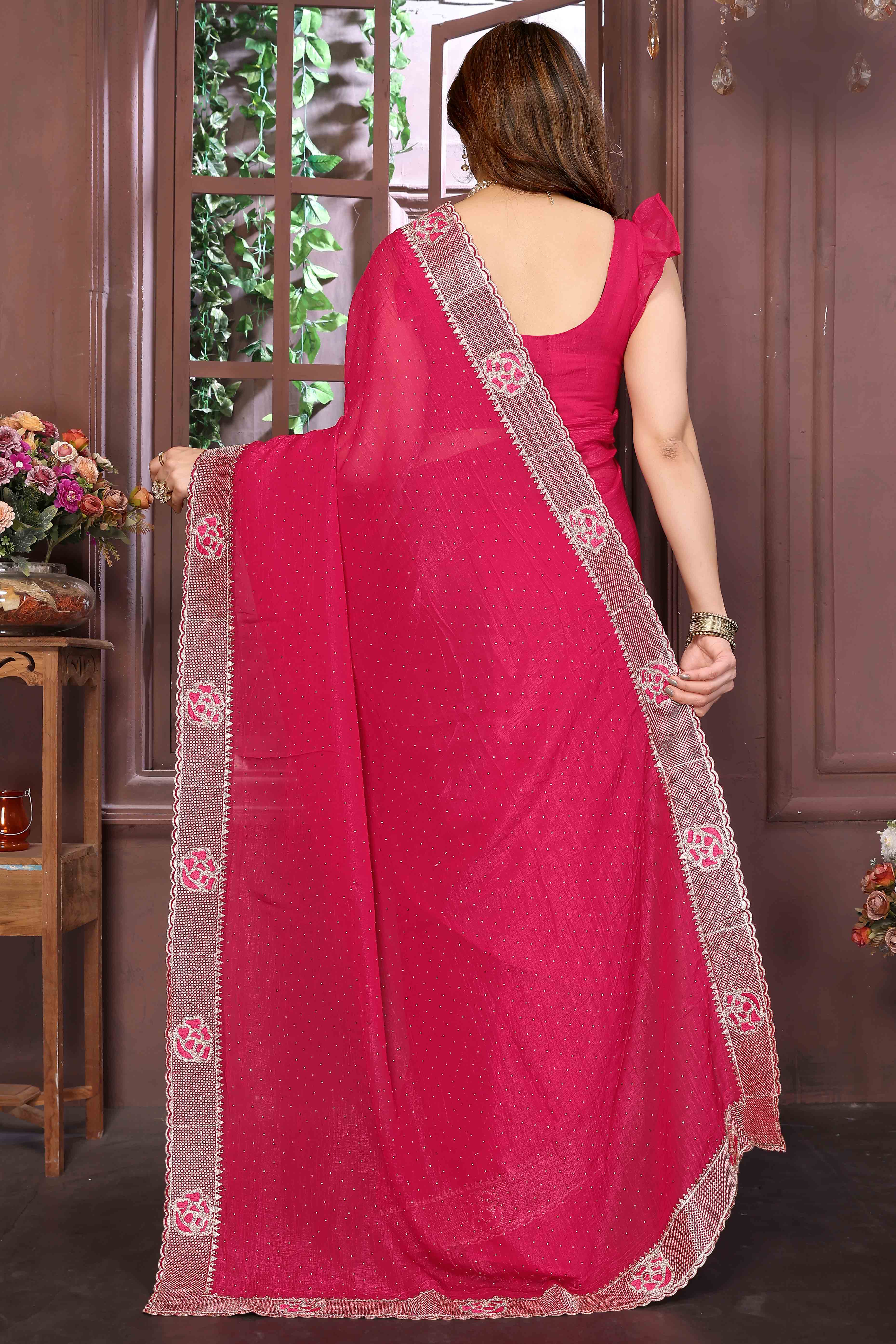 Pink Crunchy Saree Adorned With Swarovski Sparkle & Floral Zari Elegance