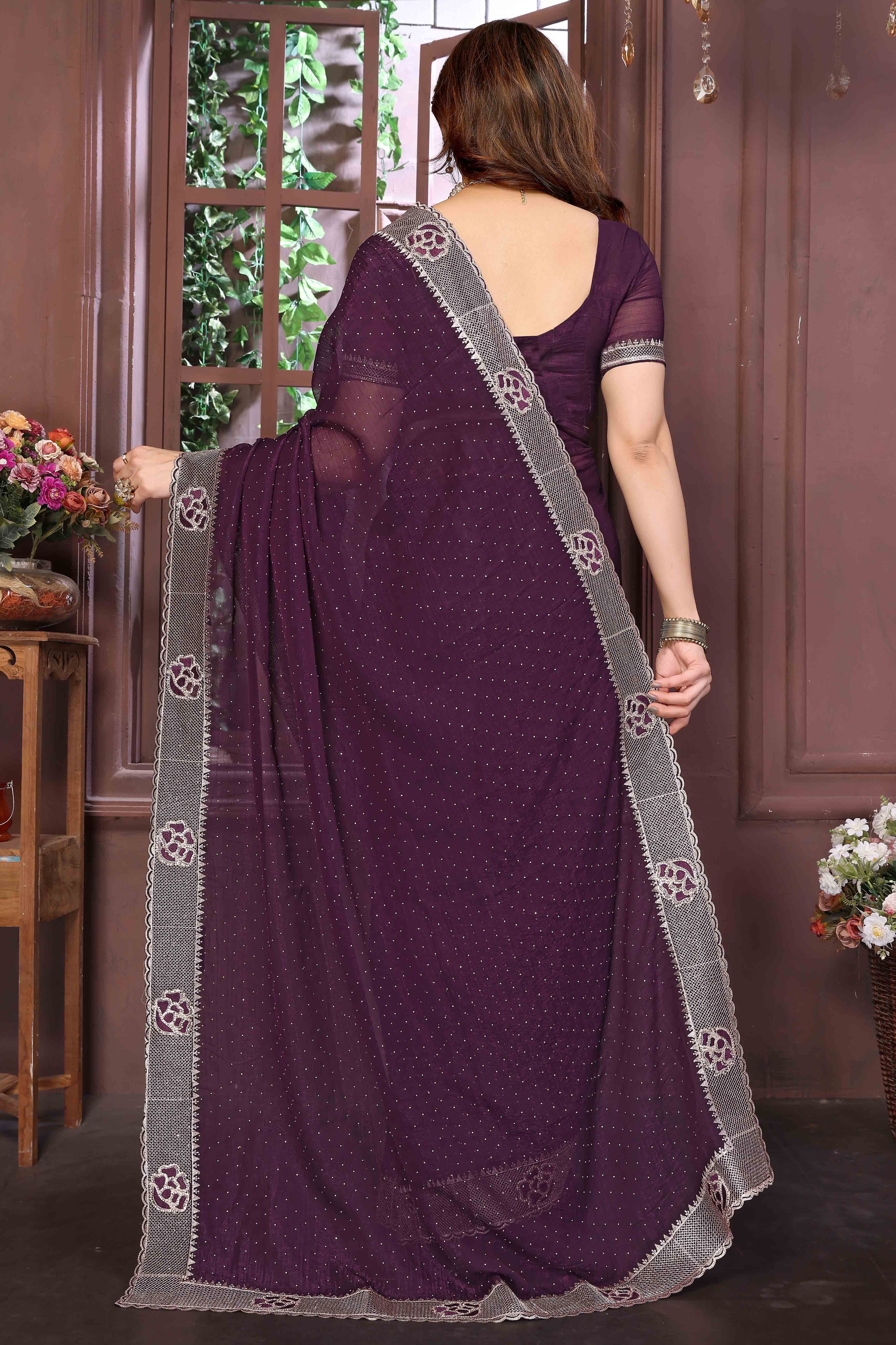 Wine Crunchy Saree Adorned With Swarovski Sparkle & Floral Zari Elegance