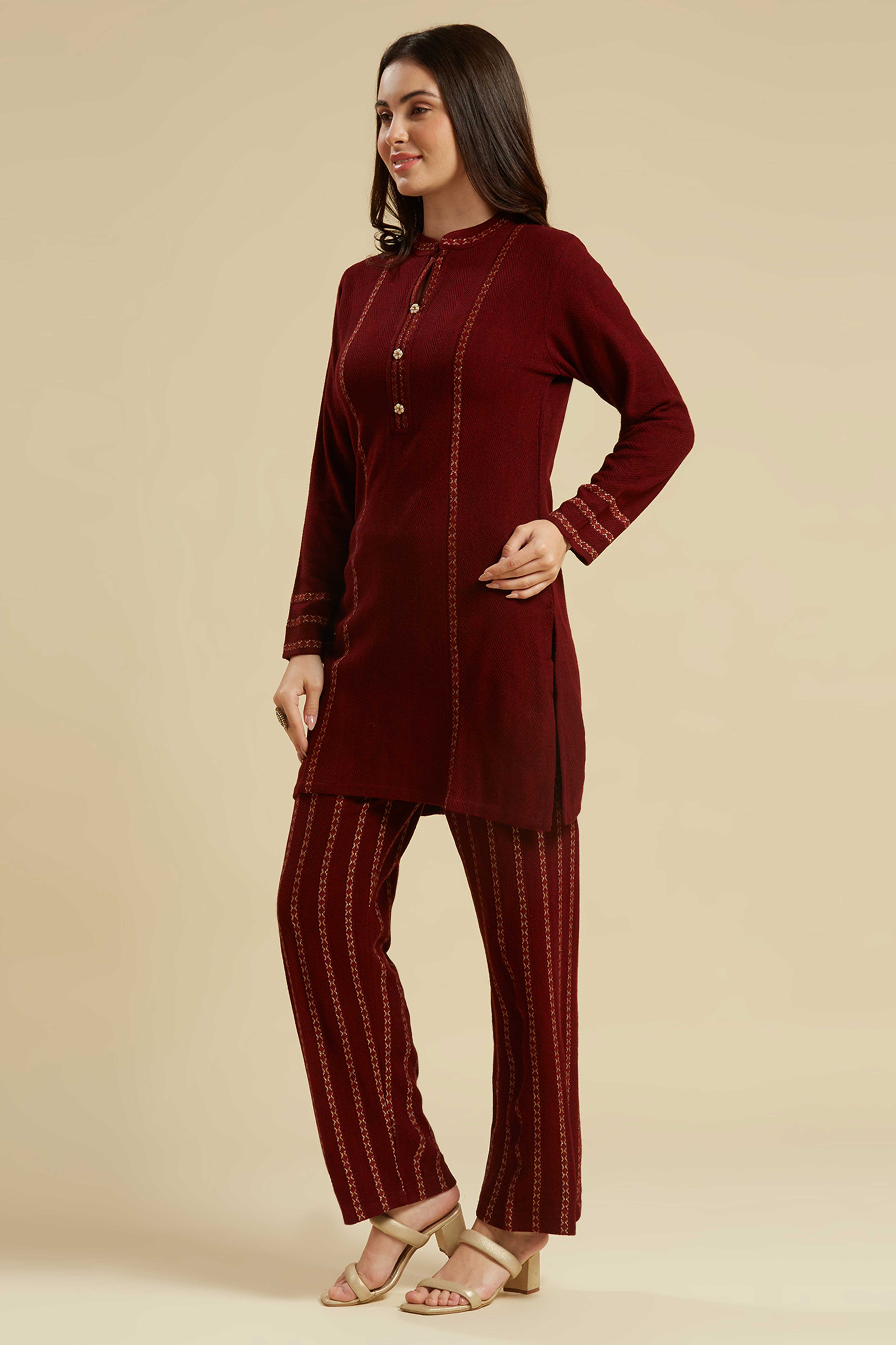 Maroon Woven Woolen Straight Top Bottom Set