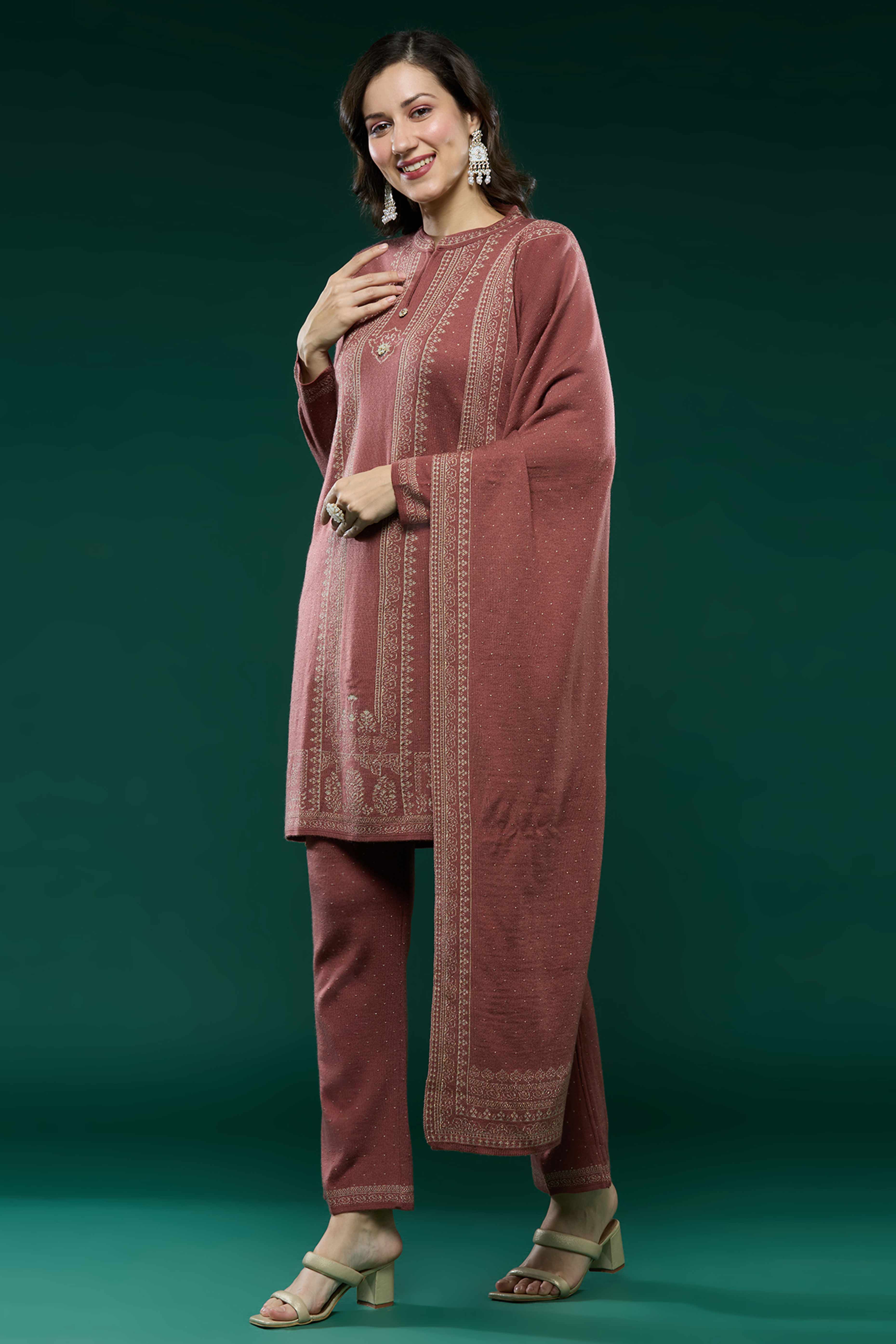 Mauve Woven Woolen Straight Salwar Suit