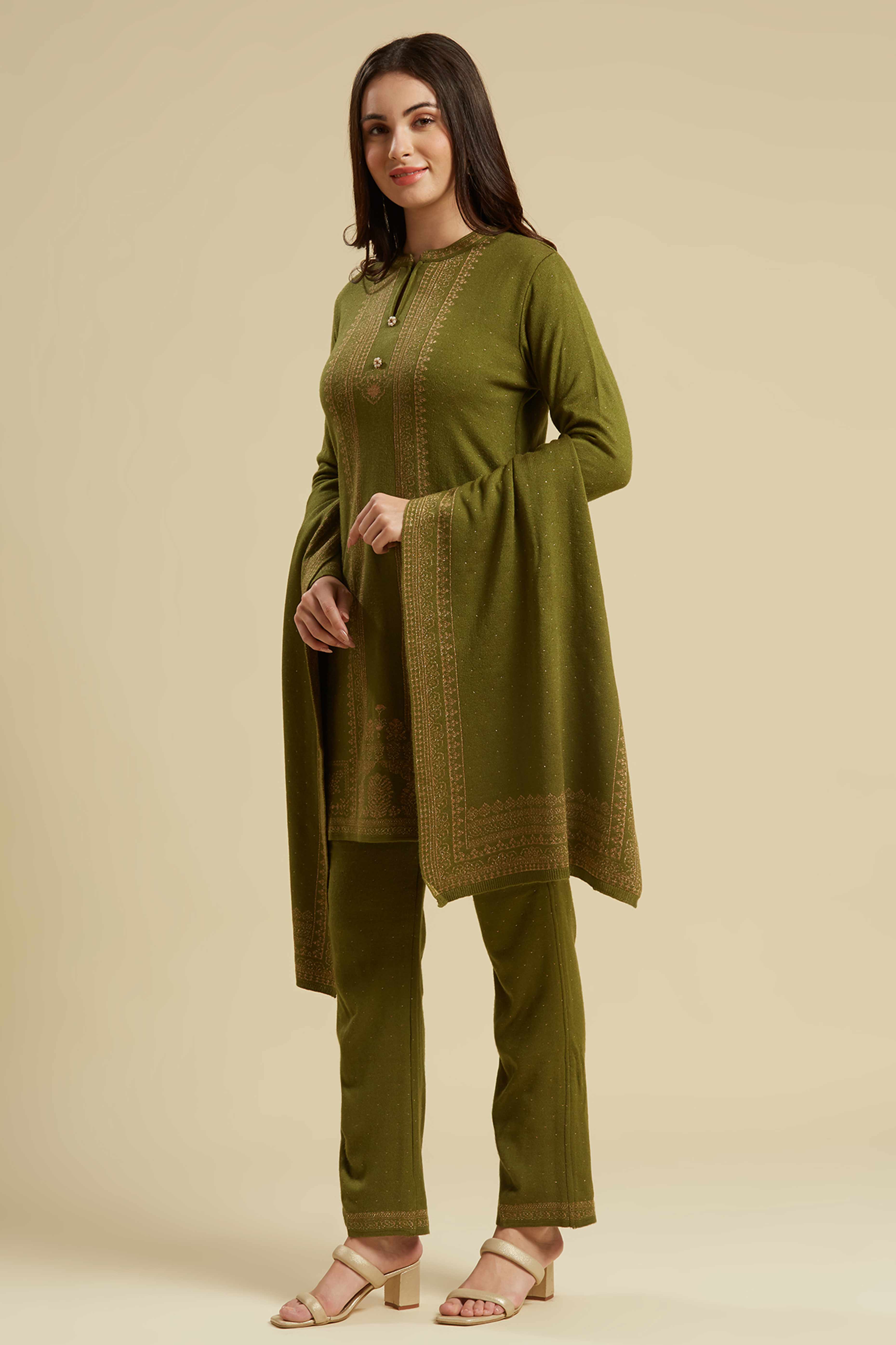 Olive Woven Woolen Straight Salwar Suit