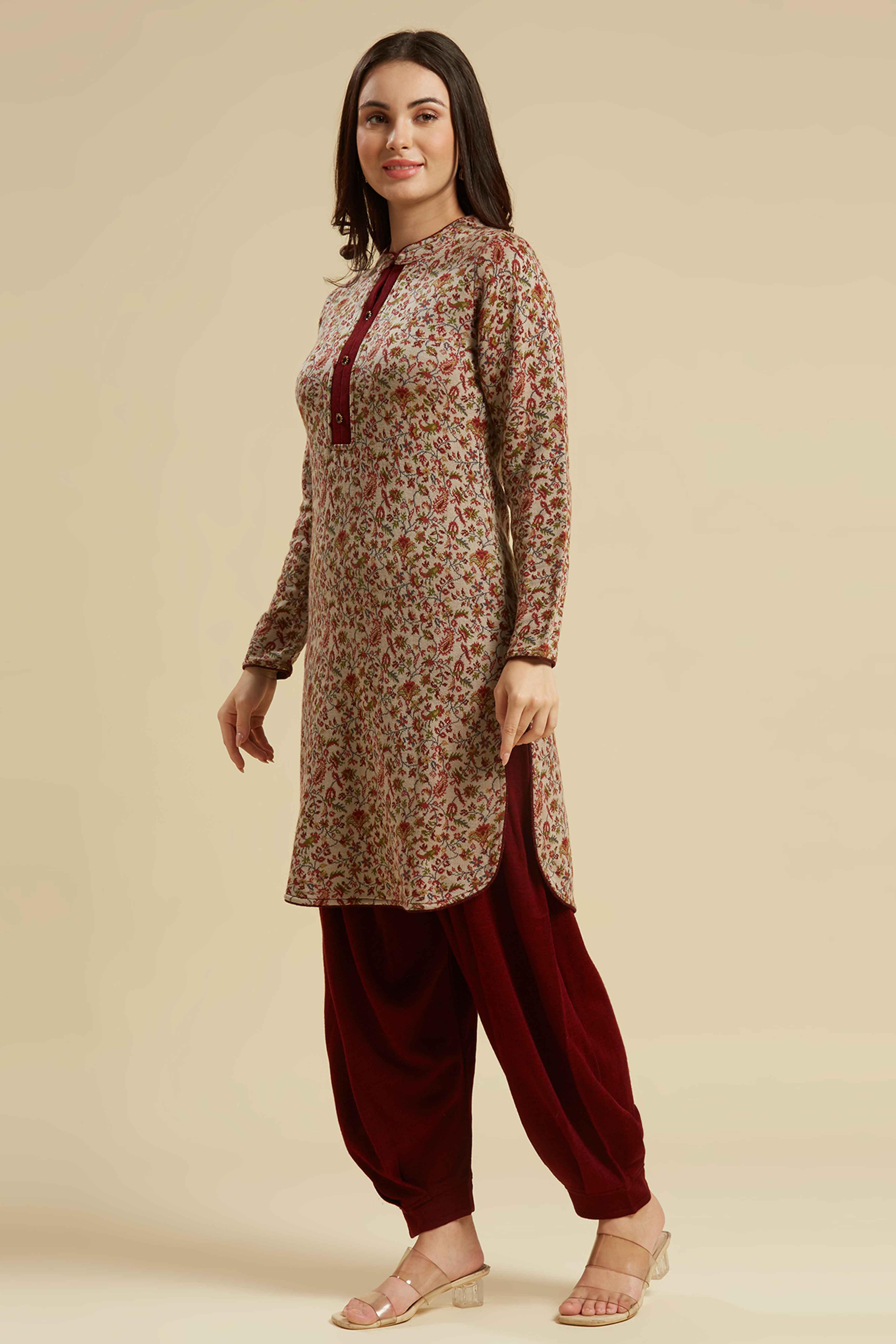 Chikoo Woven Woolen Straight Top Bottom Set
