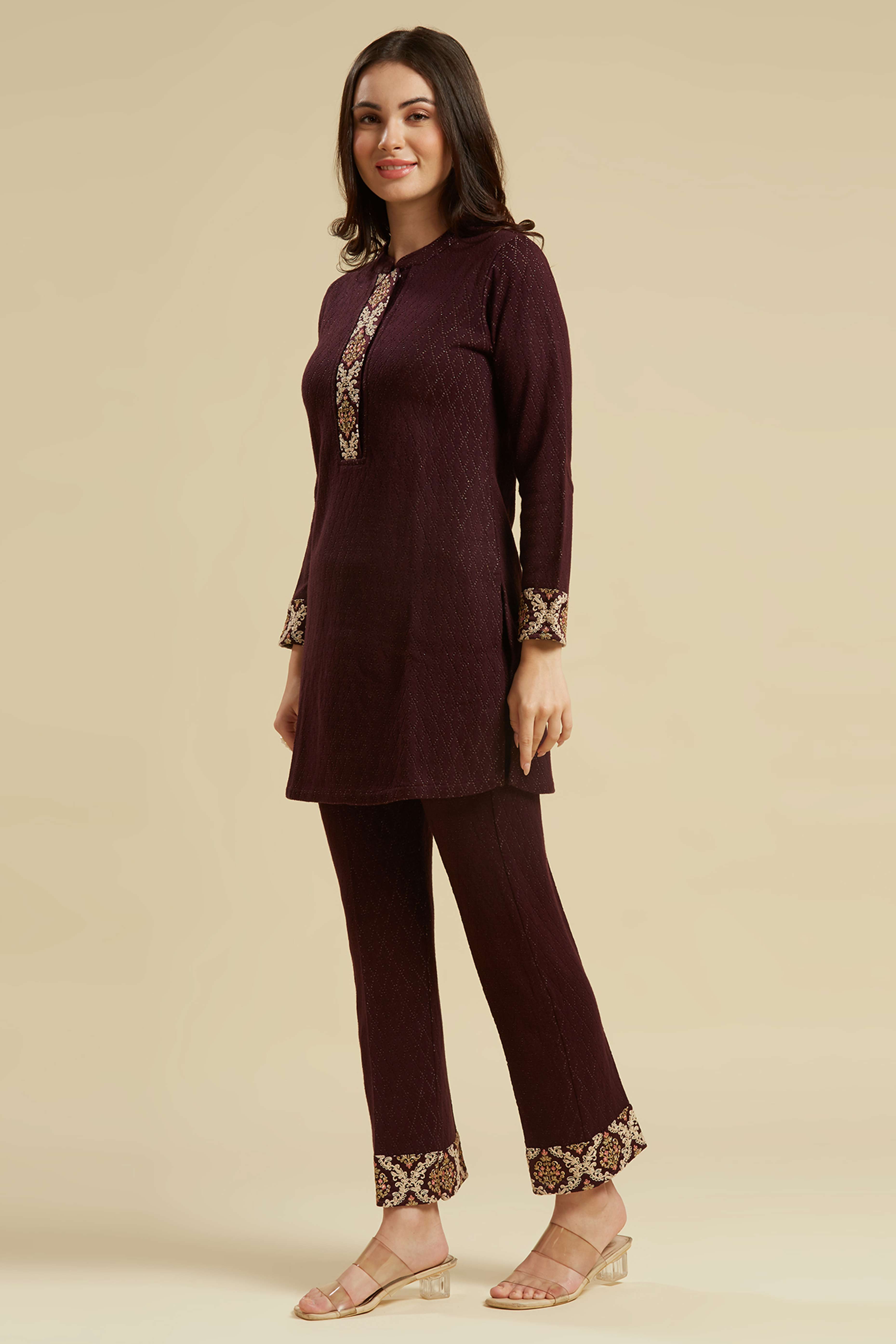 Wine Woven Woolen Straight Top Bottom Set