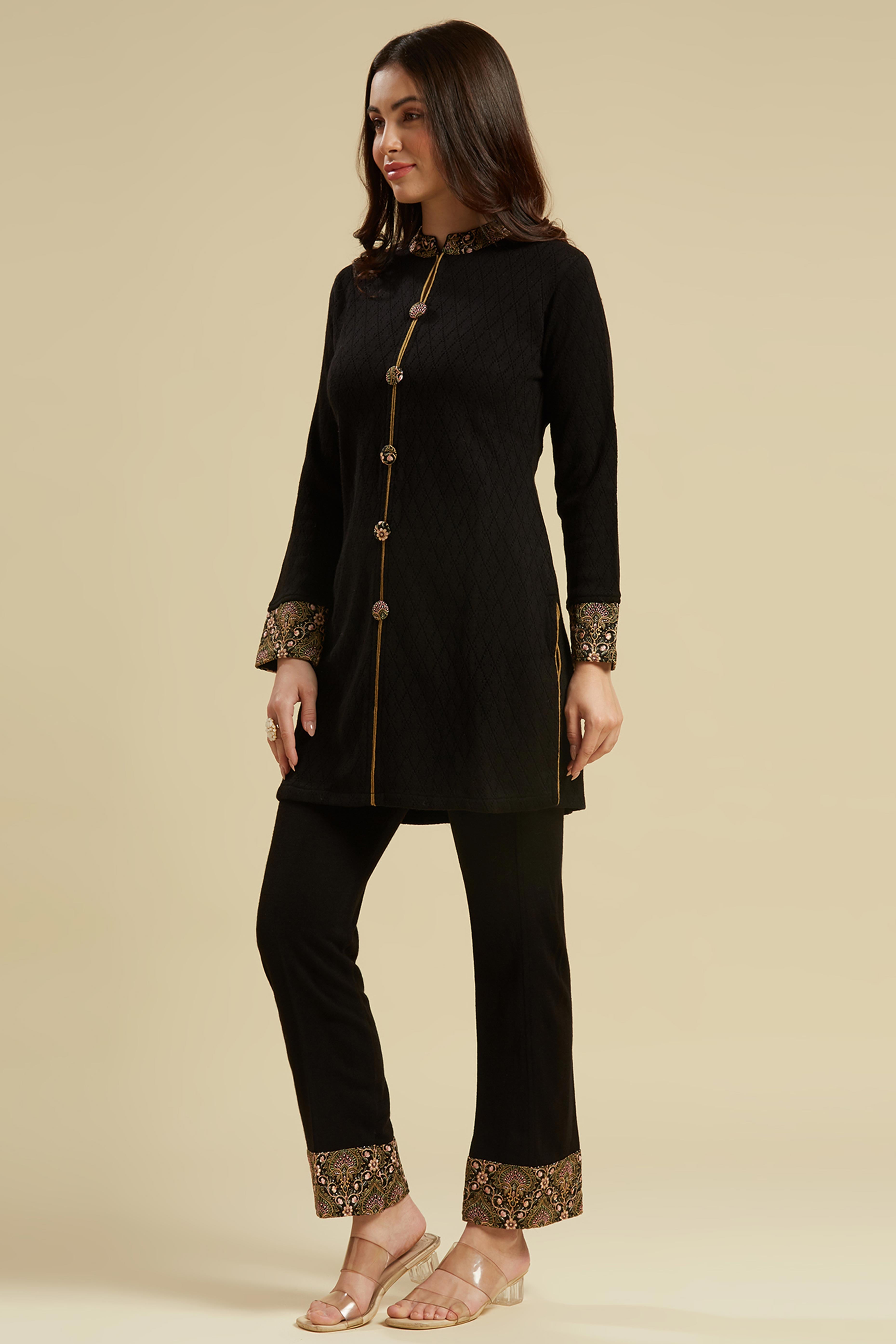 Black Woven Woolen Front Slit Top Bottom Set