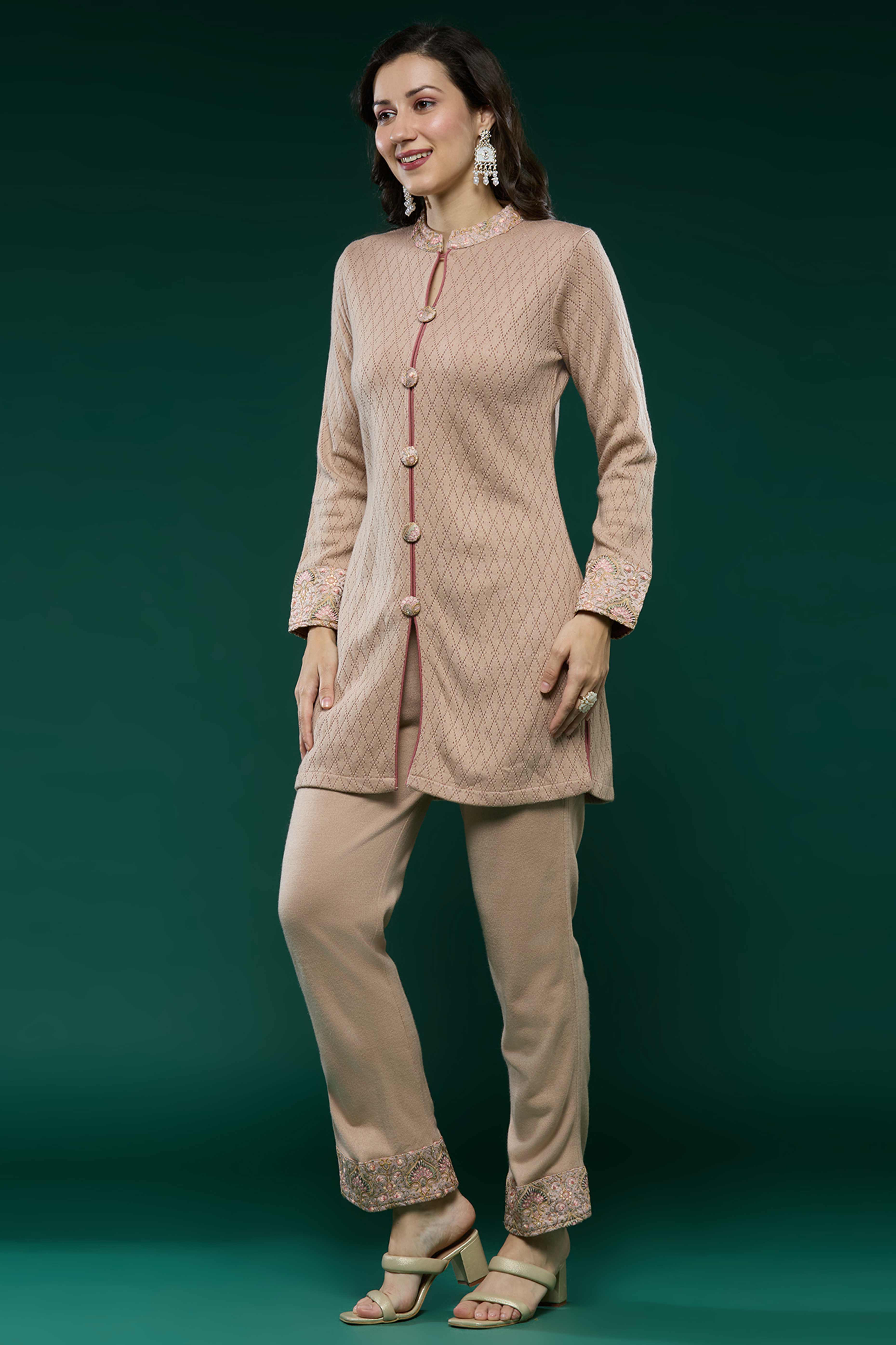 Peach Woven Woolen Front Slit Top Bottom Set