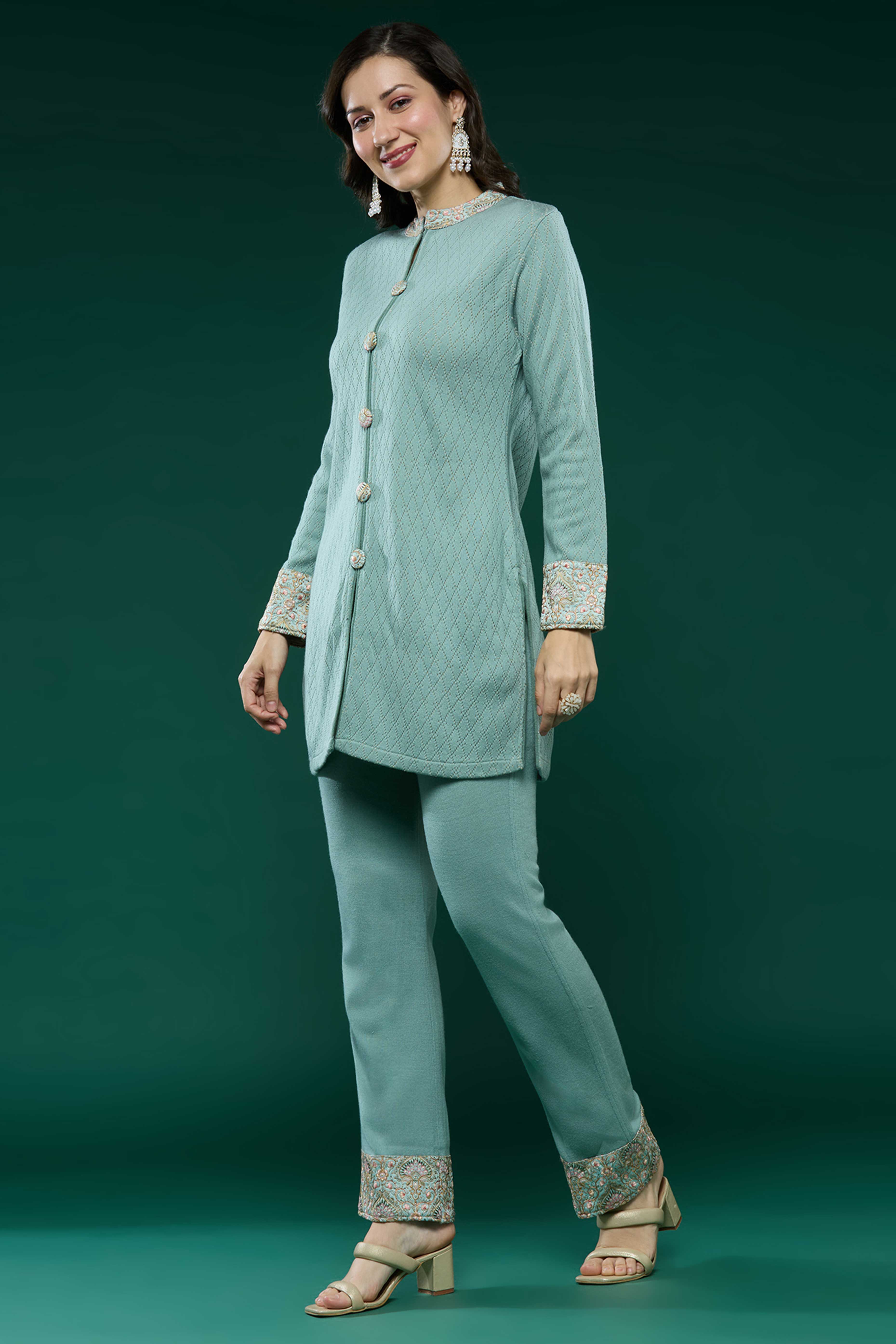 Pista Green Woven Woolen Front Slit Top Bottom Set