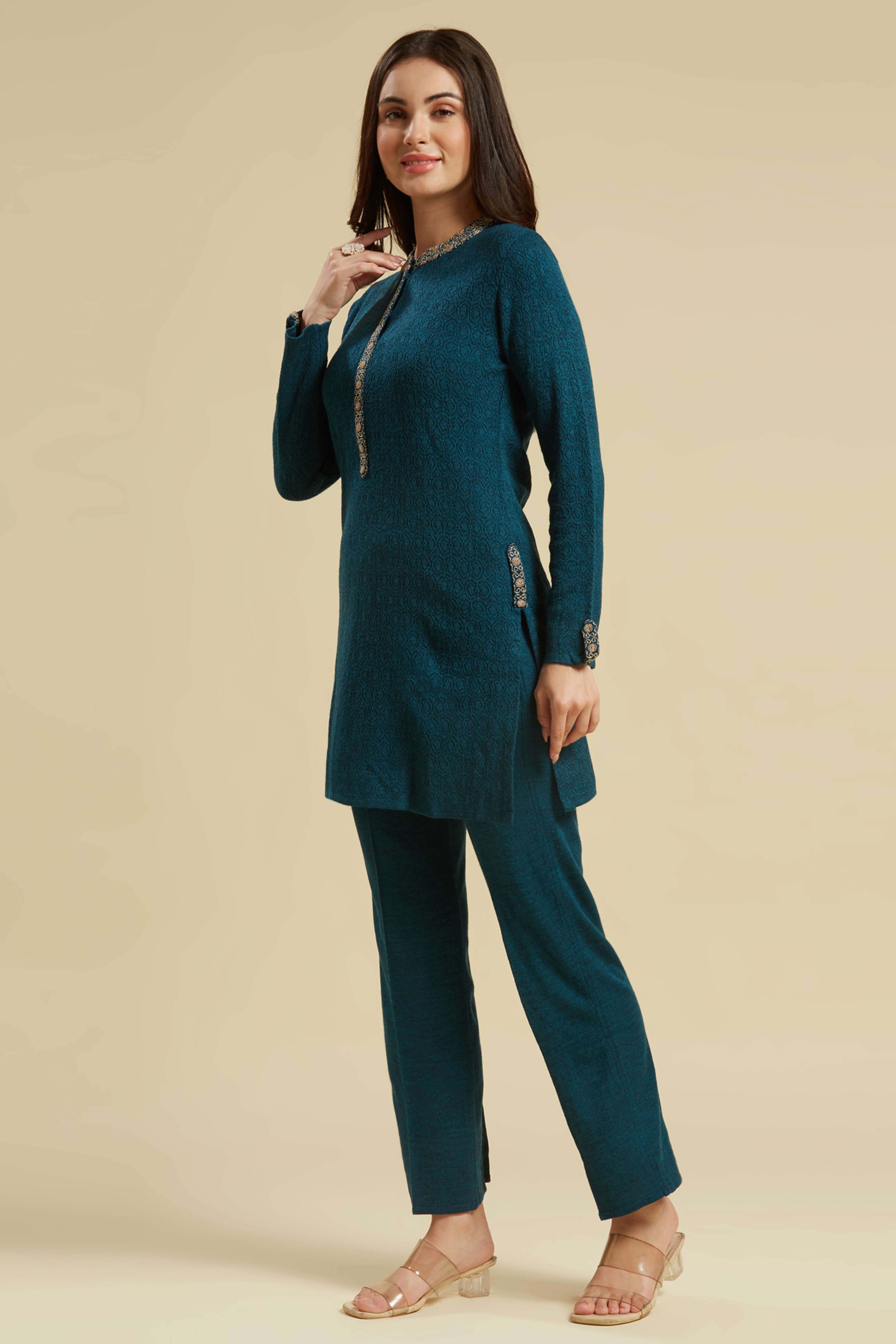 Teal Woven Woolen Straight Top Bottom Set