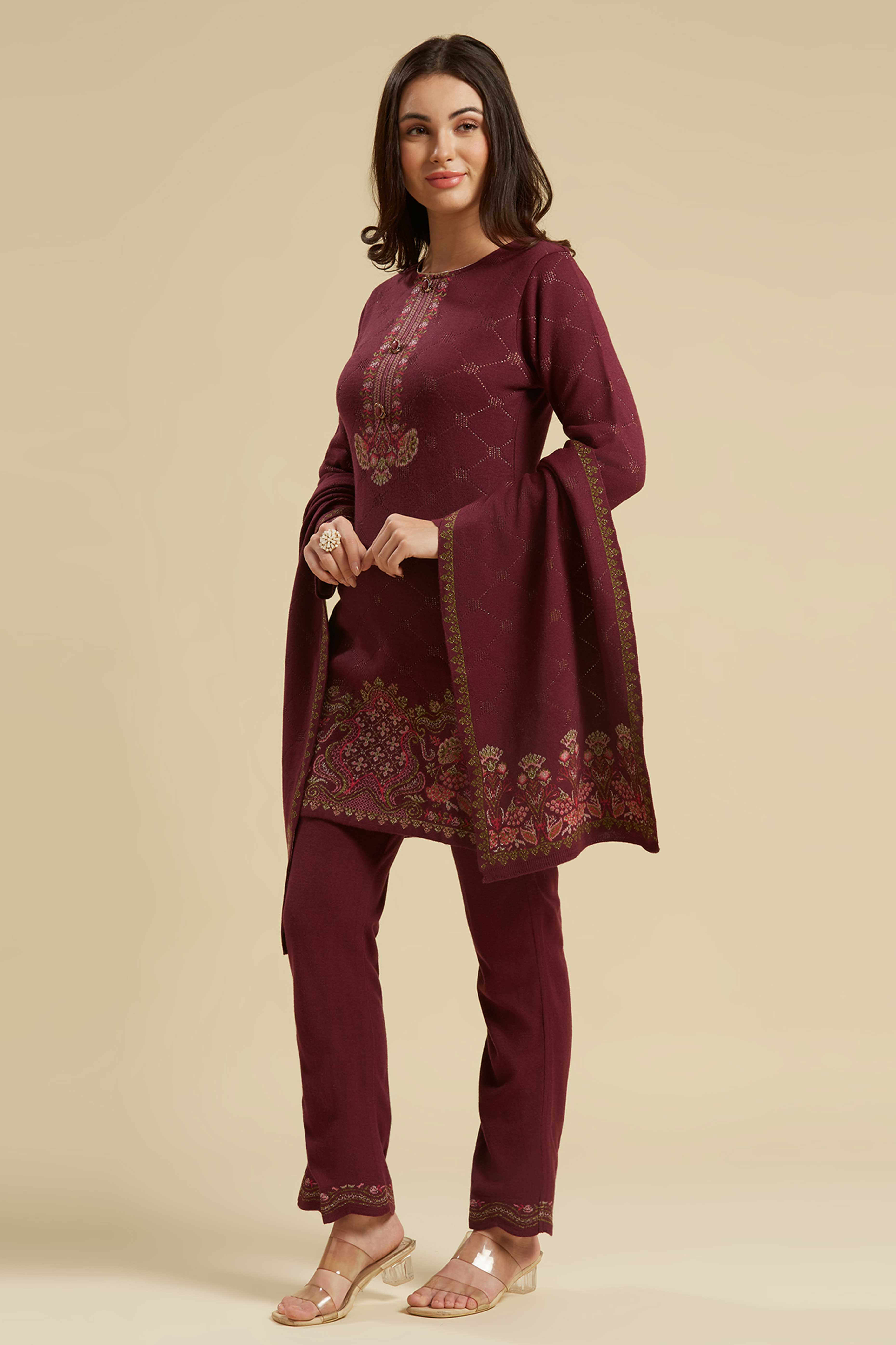 Wine Woven Woolen Straight Salwar Suit