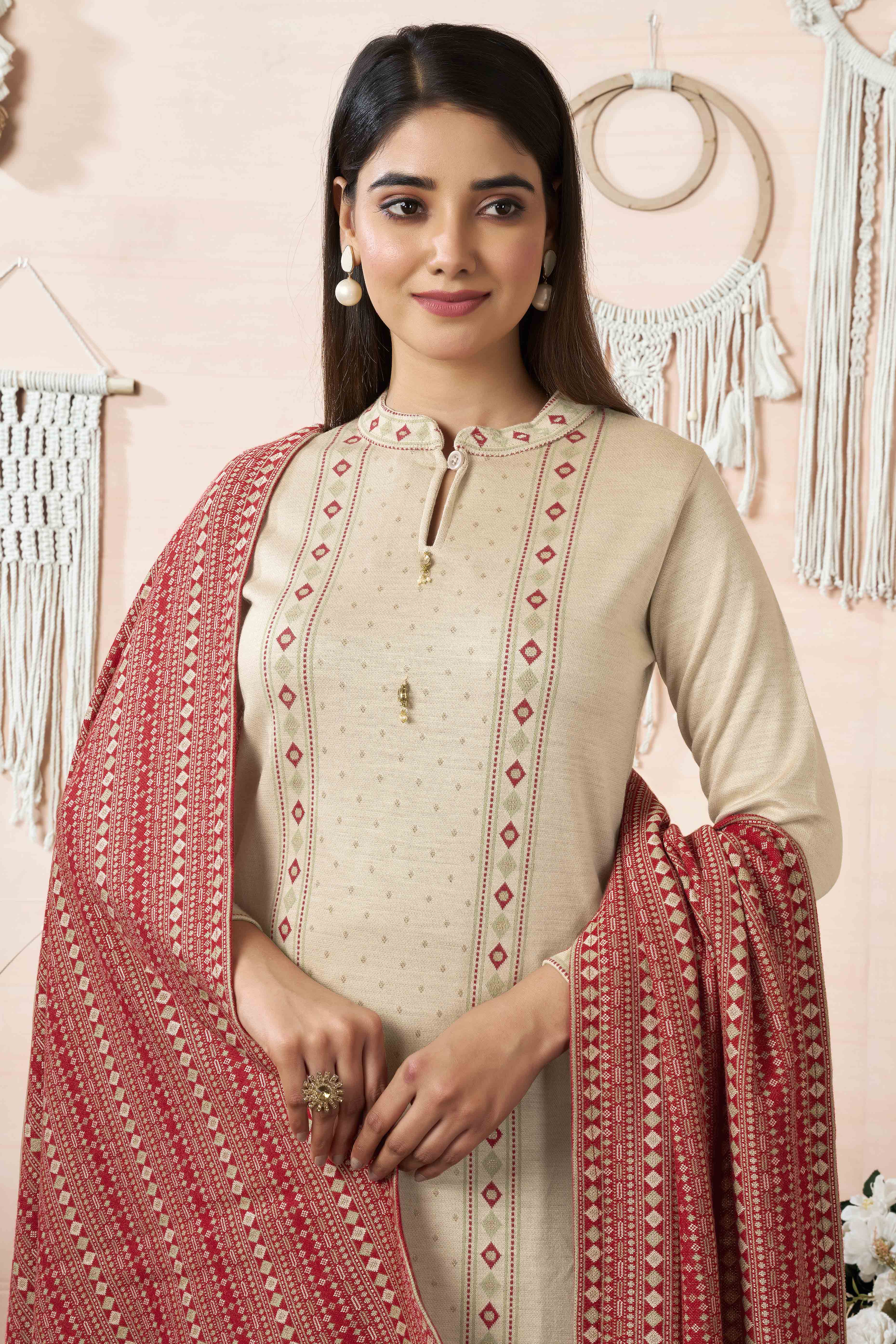 Beige Weaving Woolen Straight Salwar Suit