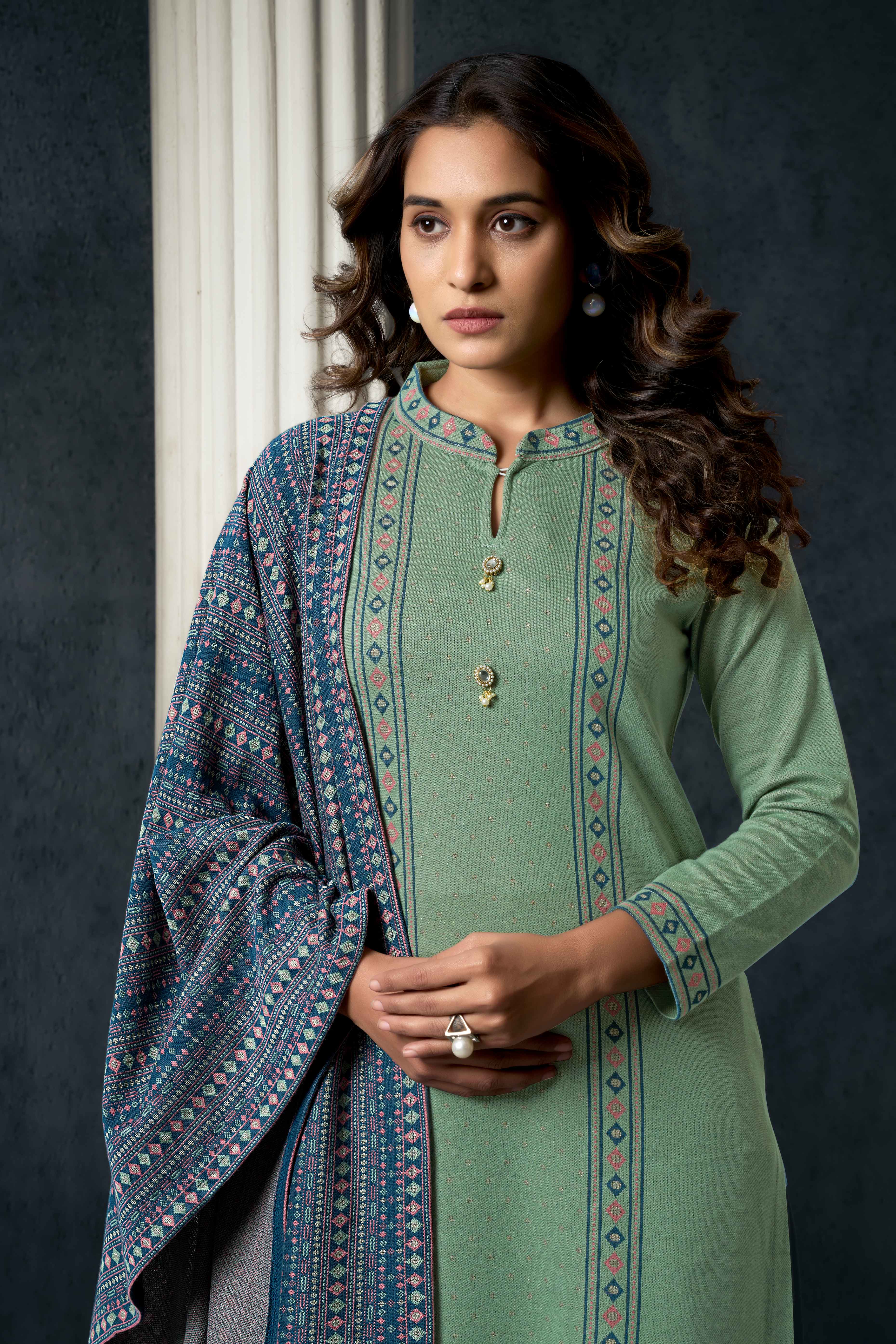 Green Weaving Woolen Straight Salwar Suit
