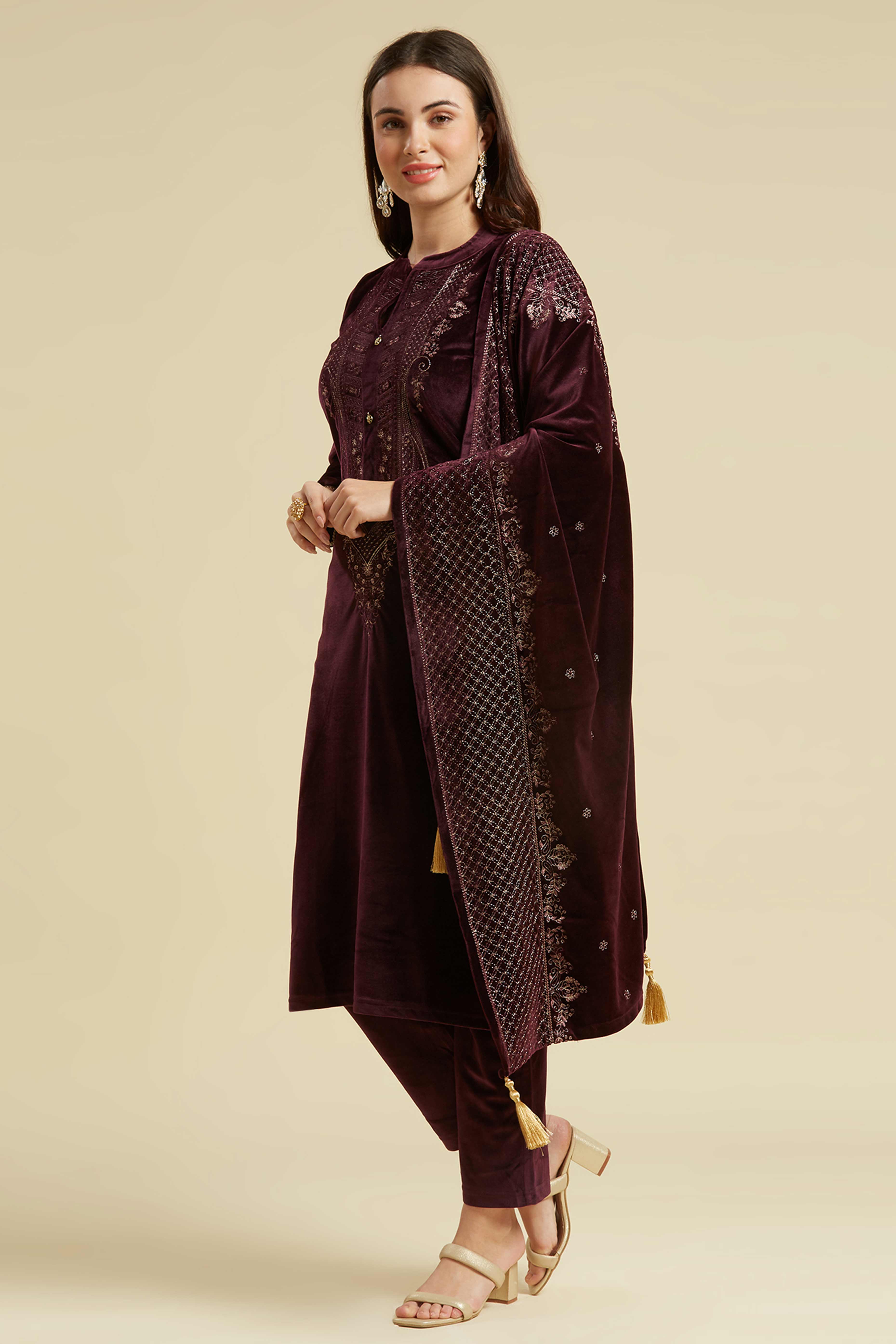 Wine Embroidered Woolen Straight Salwar Suit