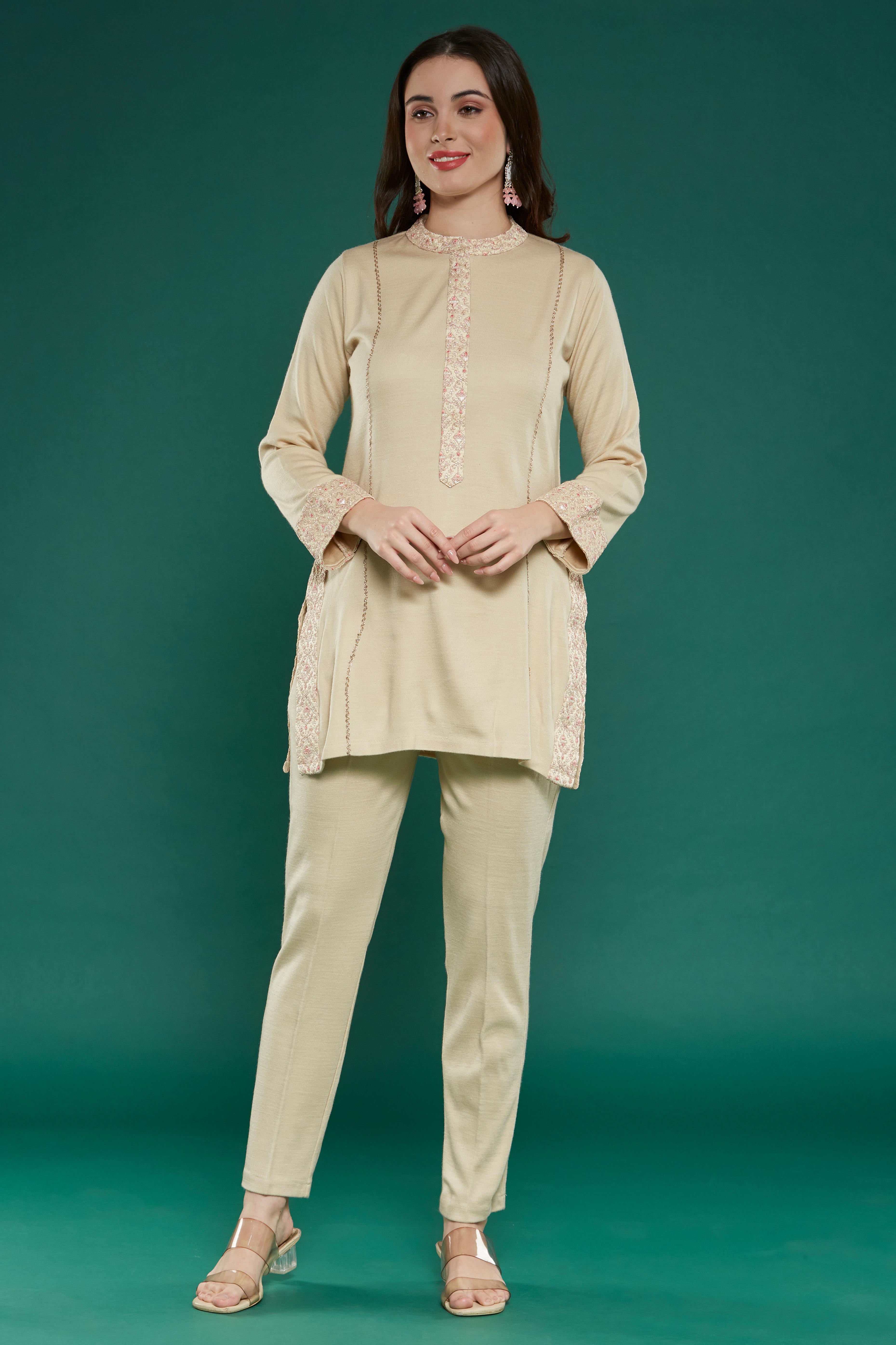 Beige Embroidered Woolen Straight Top Bottom Set