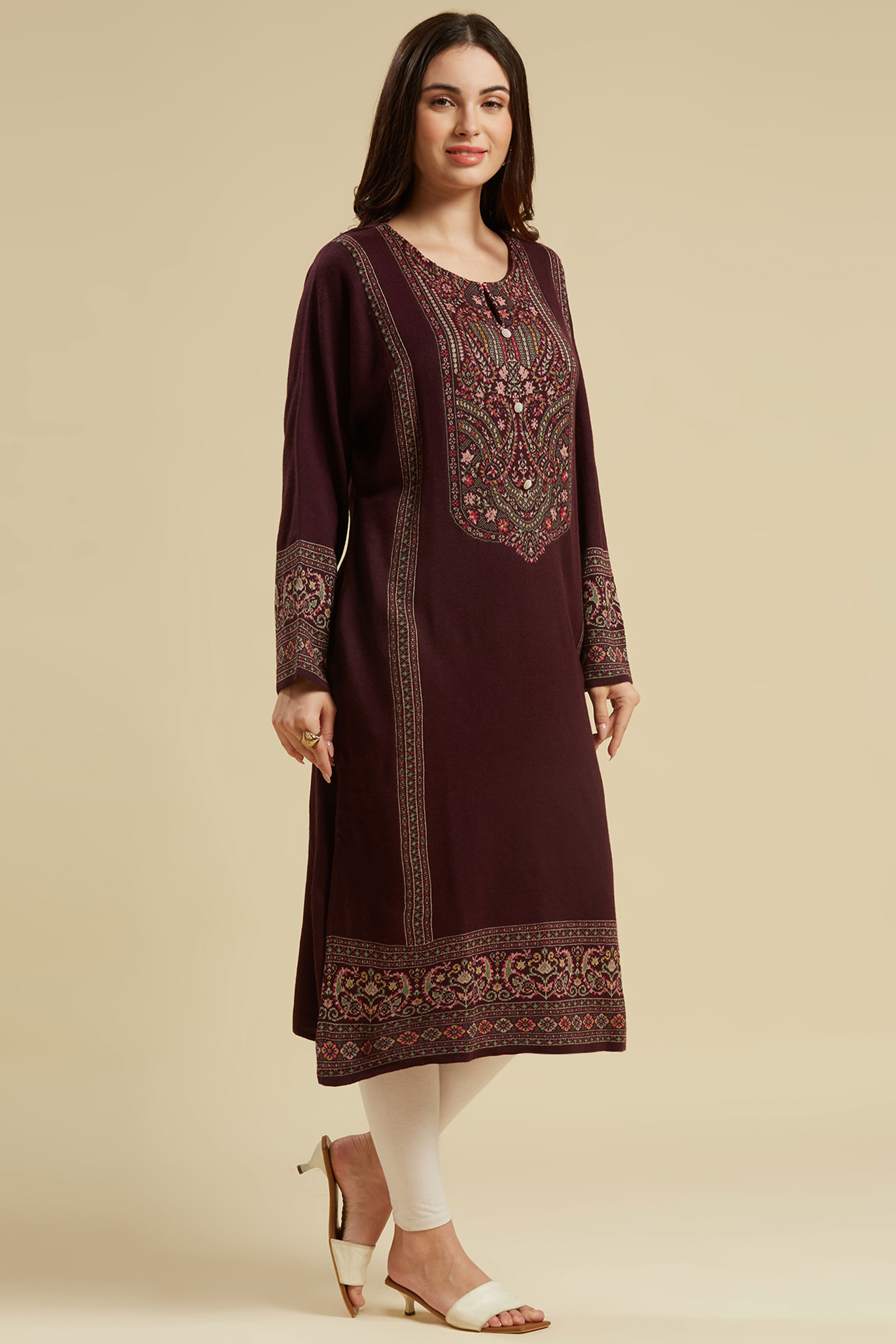 Wine Woven Woolen Straight Kurti