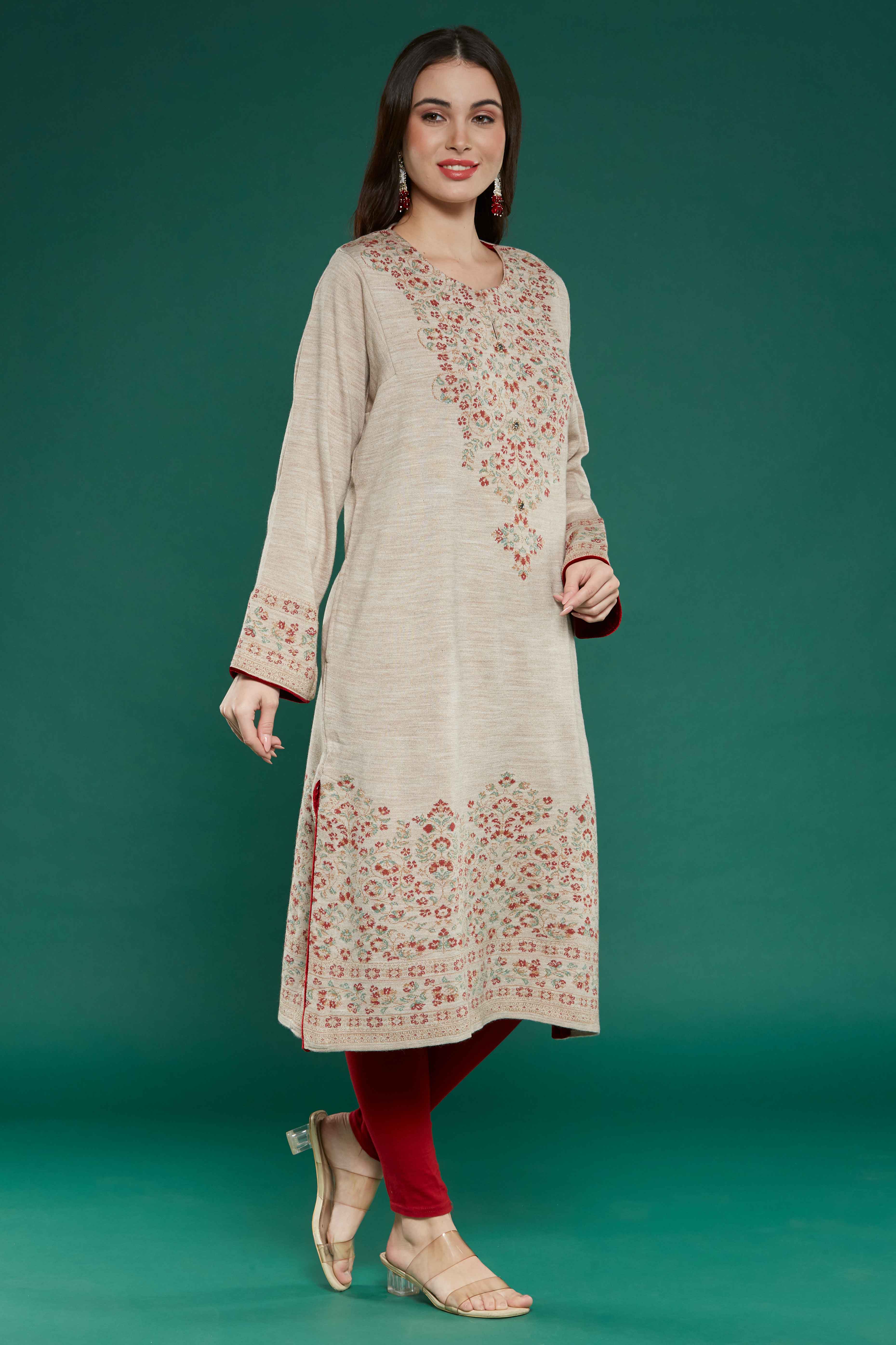 Beige Floral Woven Woolen Straight Kurti