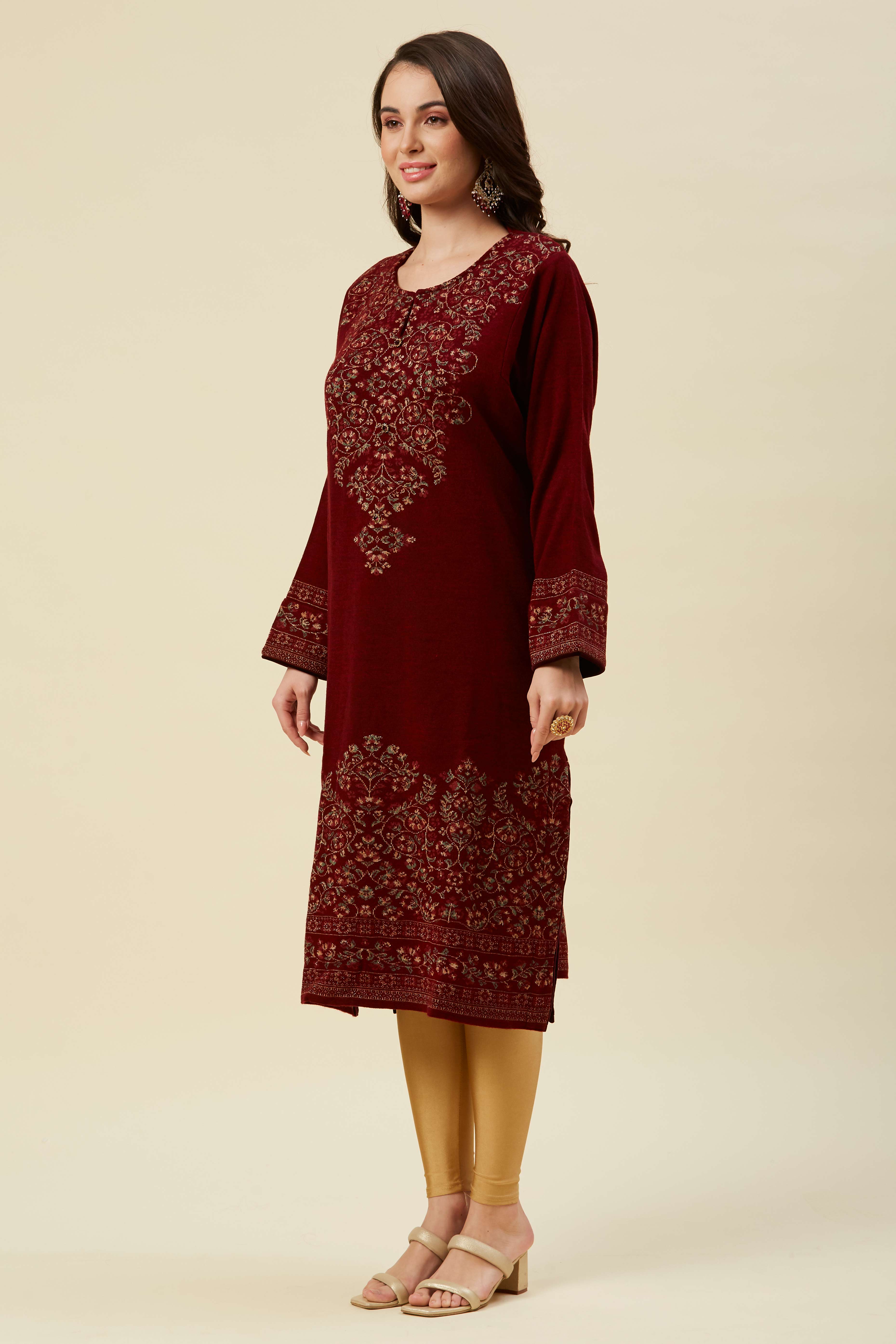 Maroon Floral Woven Woolen Straight Kurti