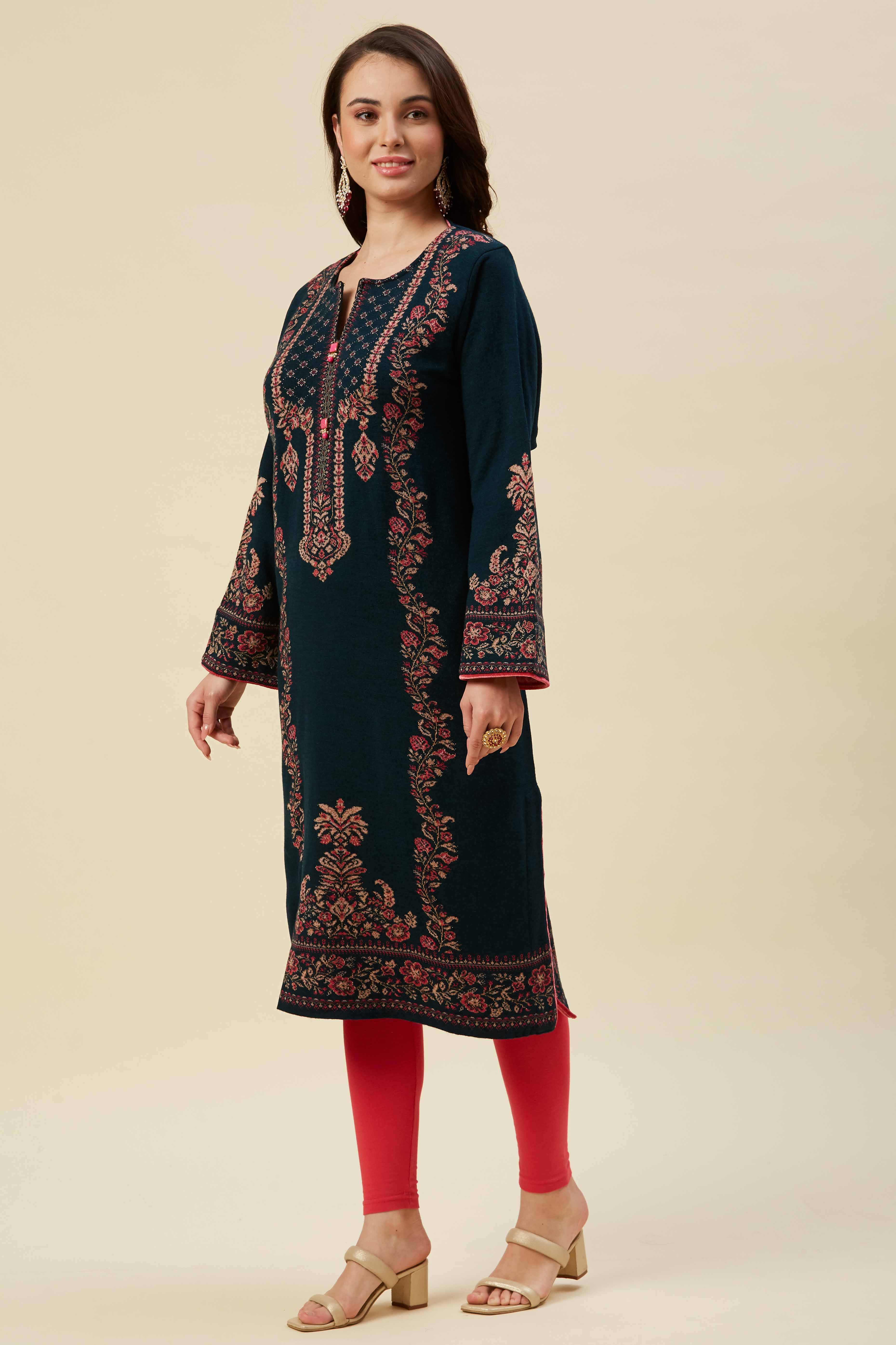 Peacock Blue Floral Woven Woolen Straight Kurti