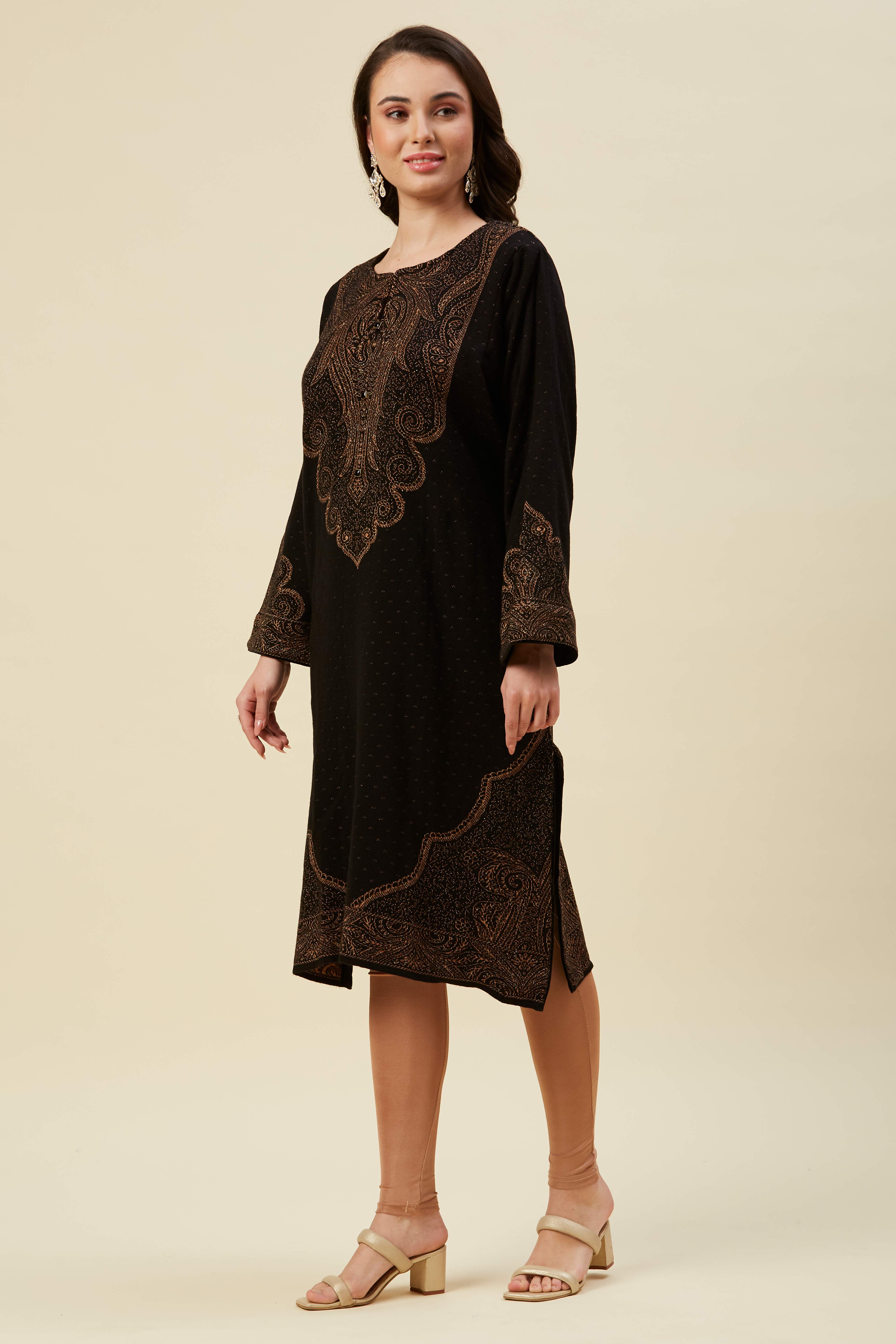 Black Floral Woven Woolen Straight Kurti