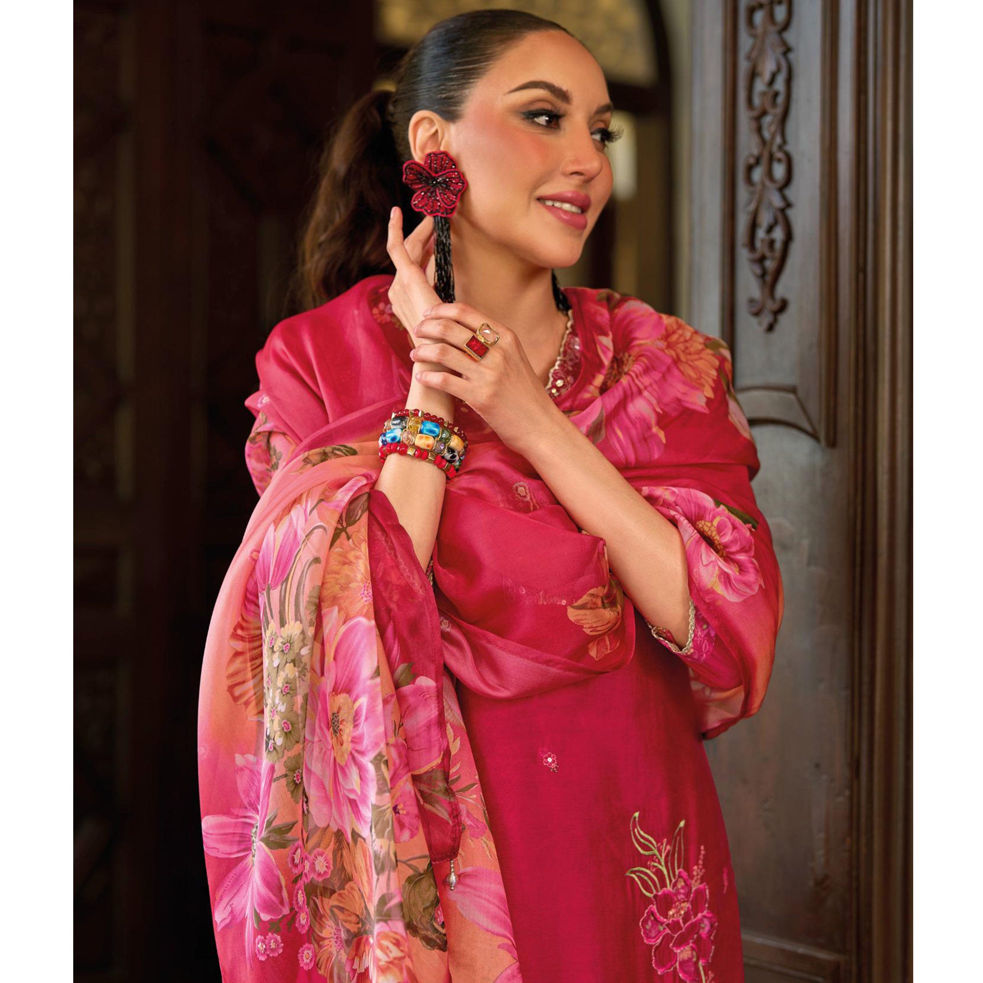 Pink Floral Handwork Embroidered Viscose Salwar Suit