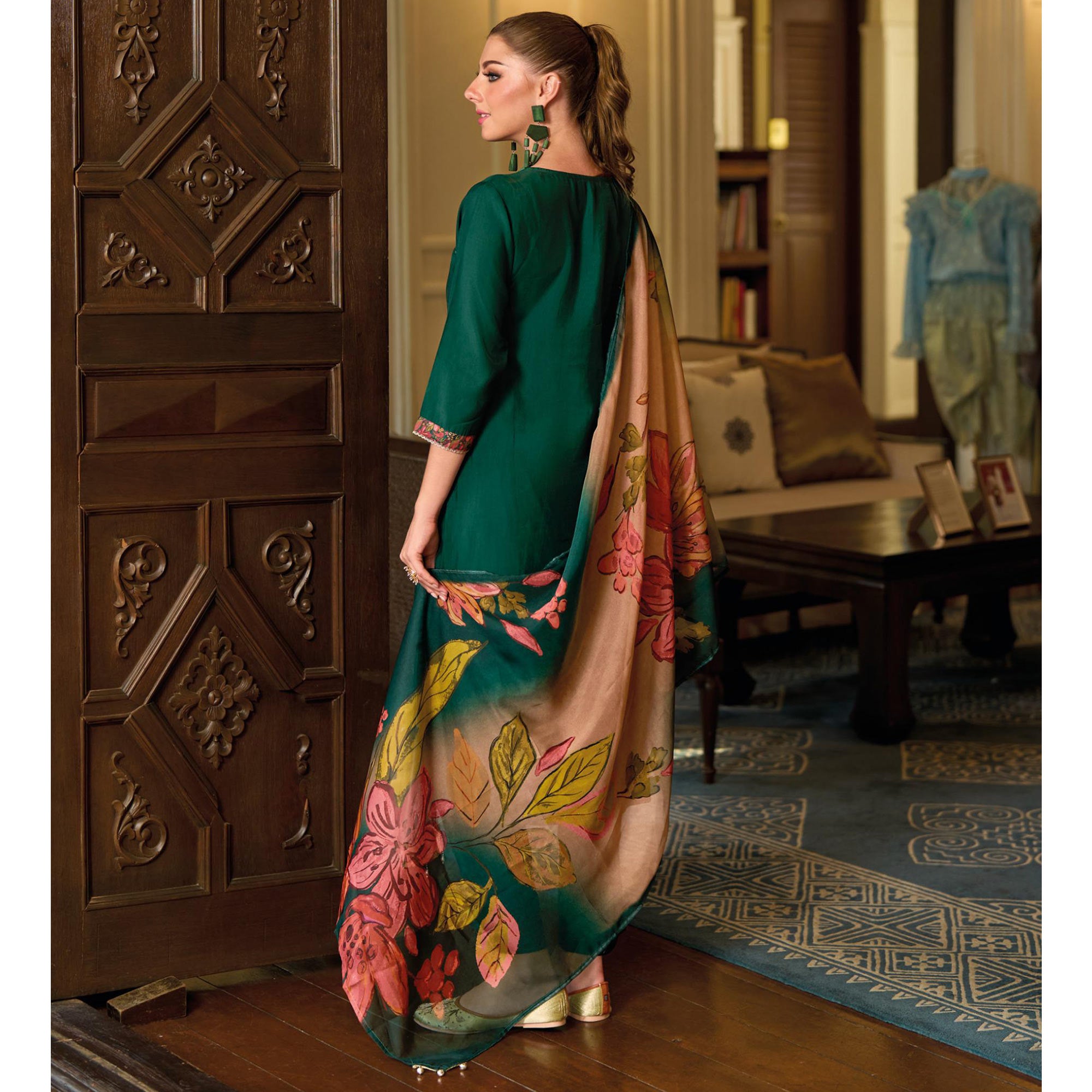 Green Floral Handwork Embroidered Viscose Salwar Suit