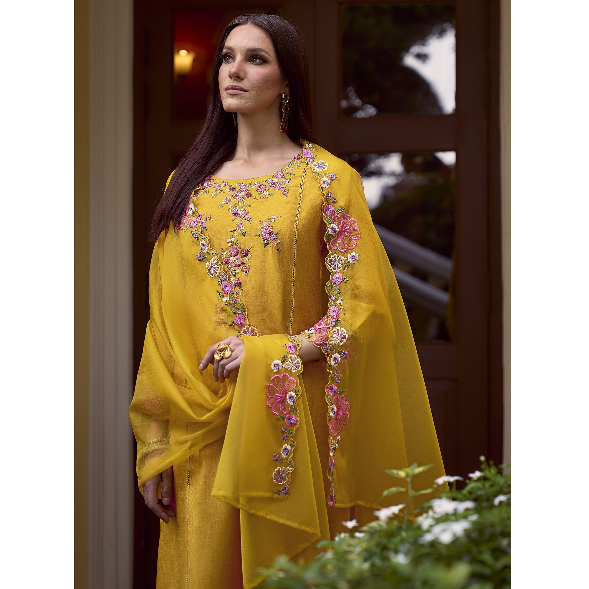 Mustard Floral Handwork Embroidered Viscose Salwar Suit
