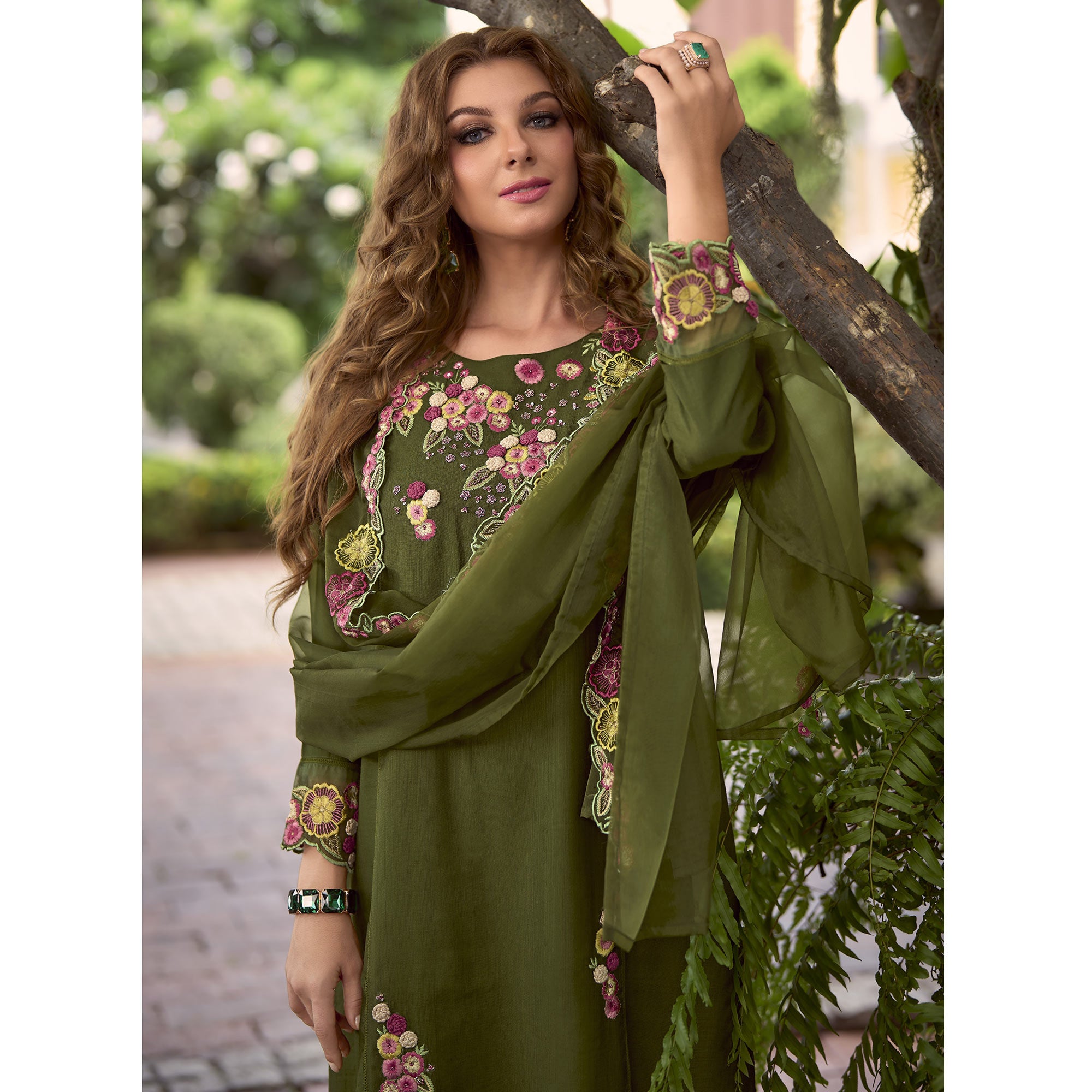 Green Floral Handwork Embroidered Viscose Salwar Suit