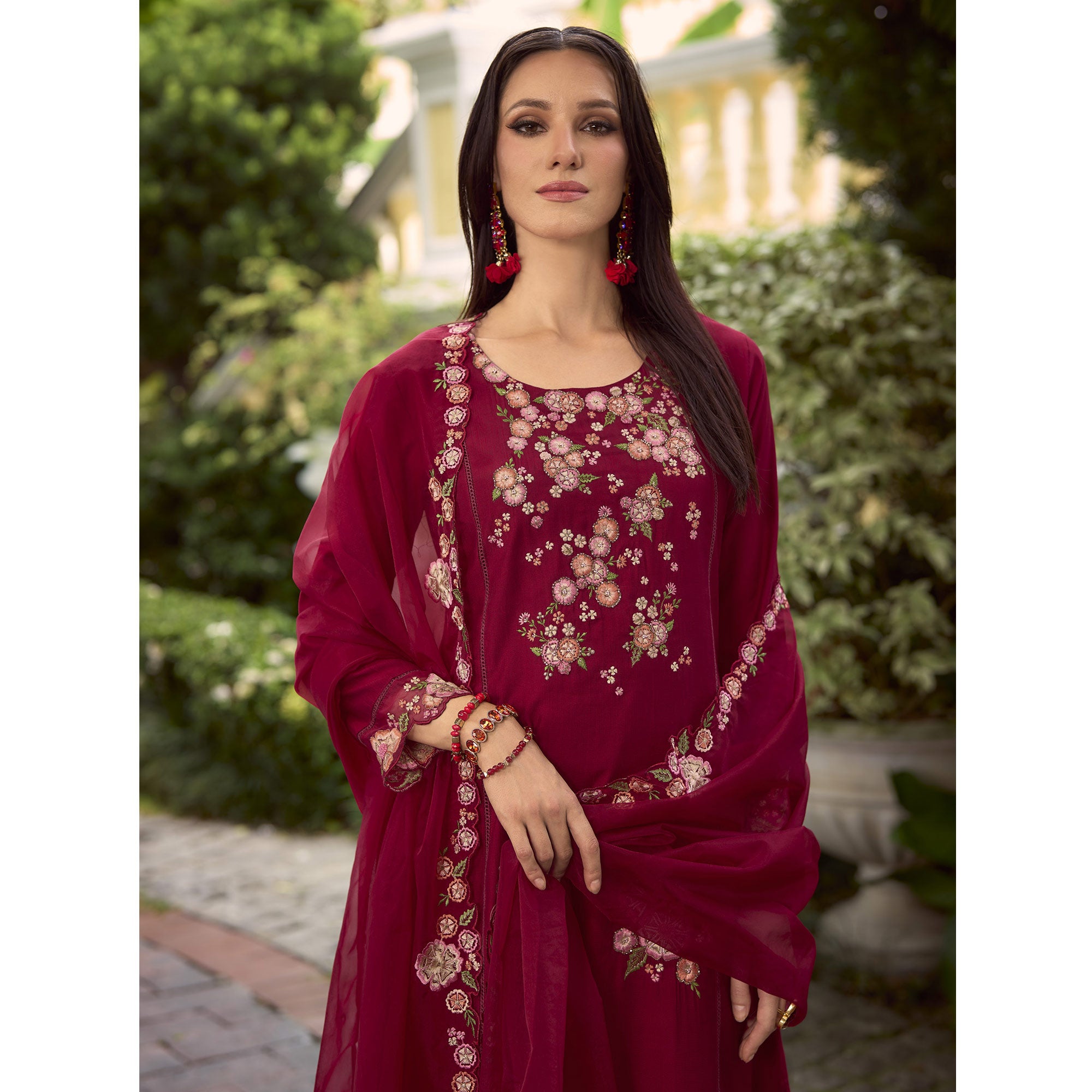 Maroon Floral Handwork Embroidered Viscose Salwar Suit