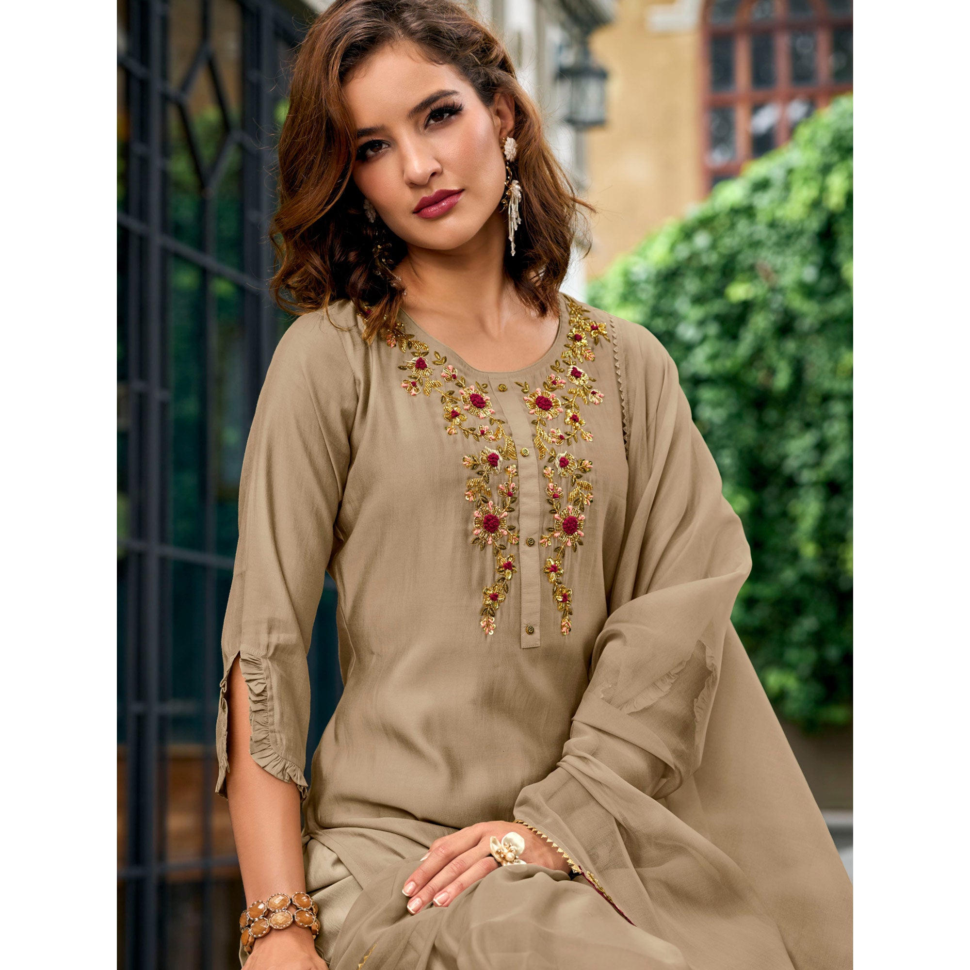 Beige Floral Embroidery Chanderi Silk Suit