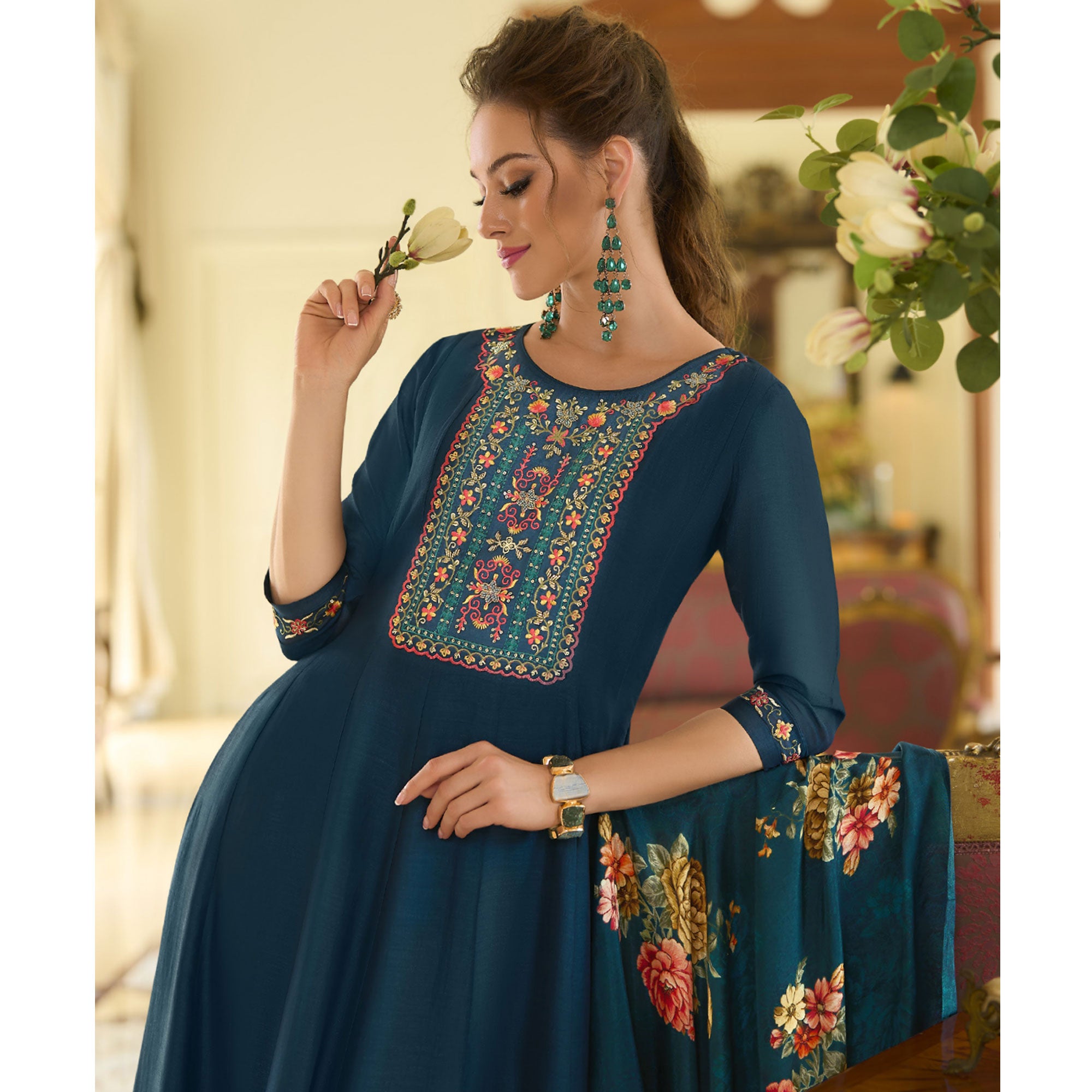 Teal Embroidered Vichitra Silk Anarkali Salwar Suit