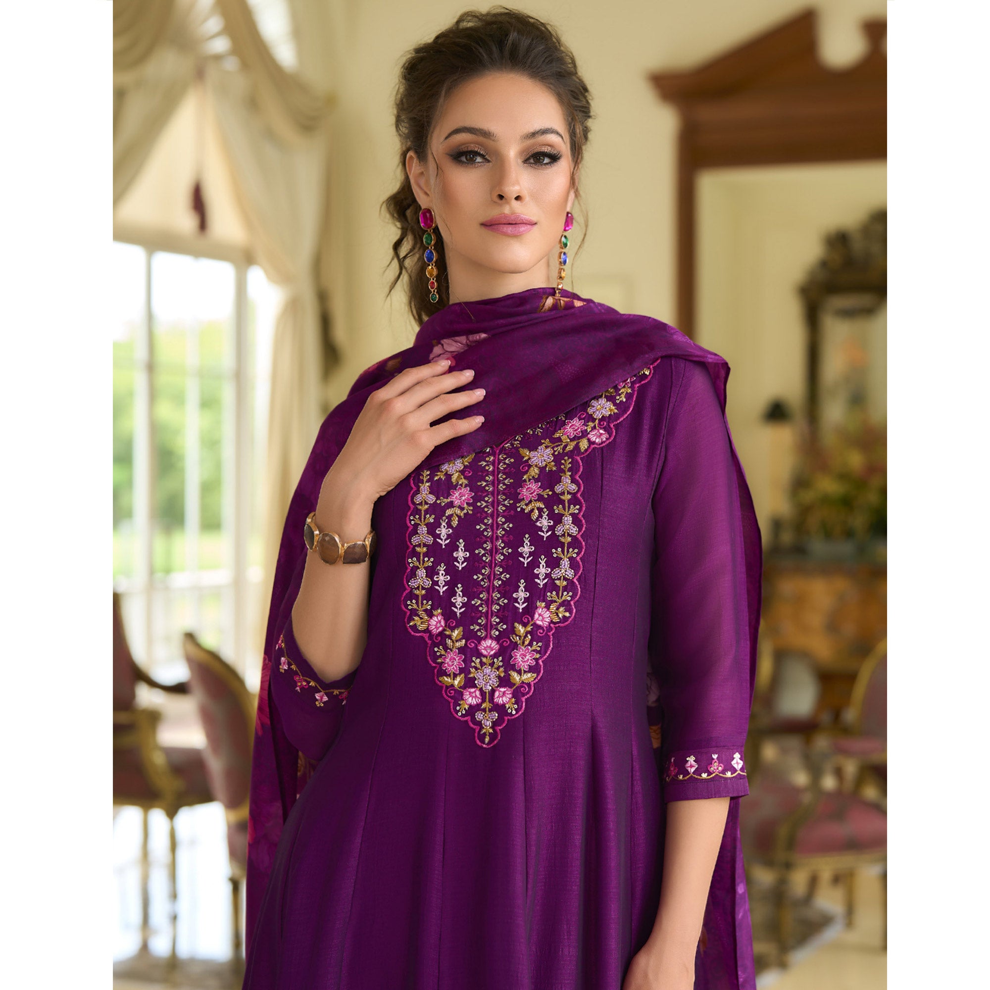 Dark Purple Embroidered Vichitra Silk Anarkali Salwar Suit