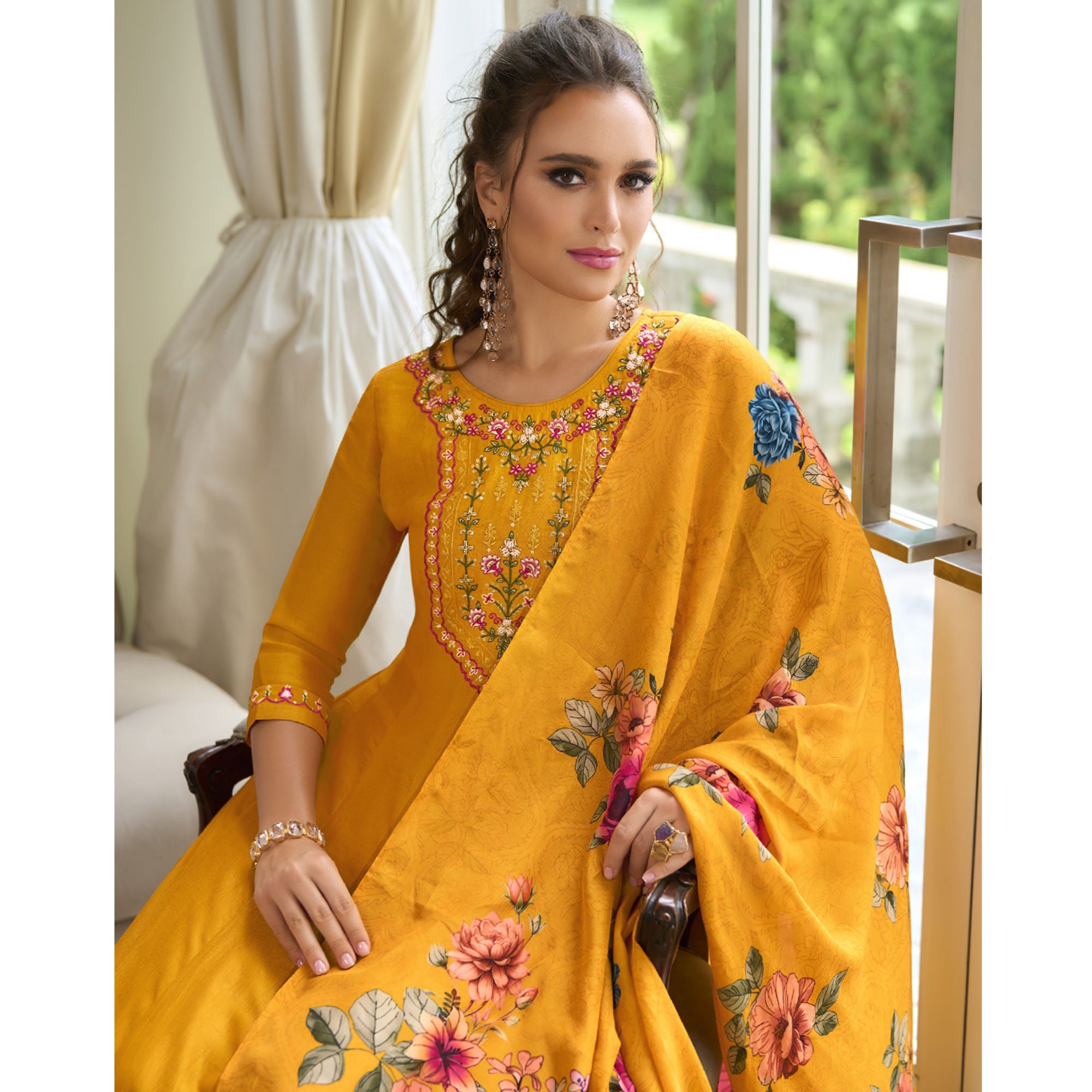 Mustard Embroidered Vichitra Silk Anarkali Salwar Suit