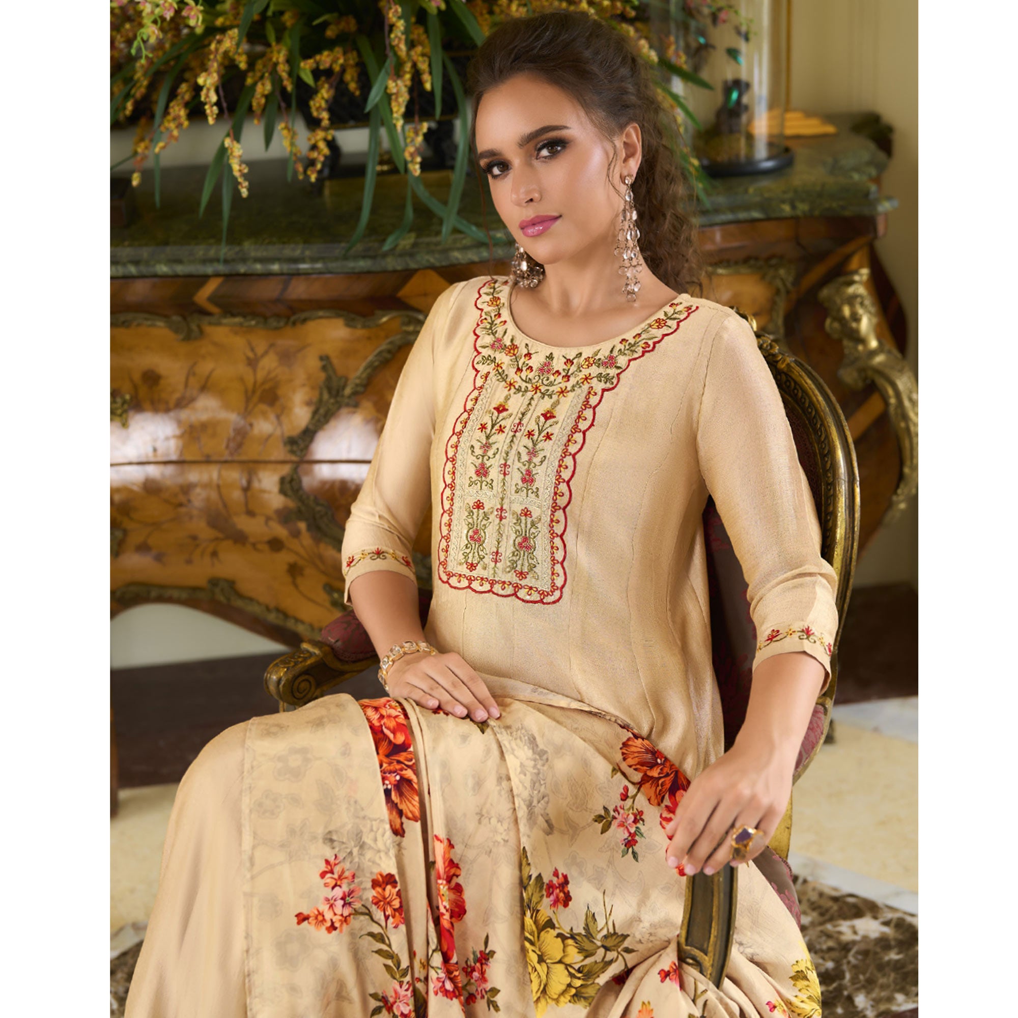 Beige Embroidered Vichitra Silk Anarkali Salwar Suit