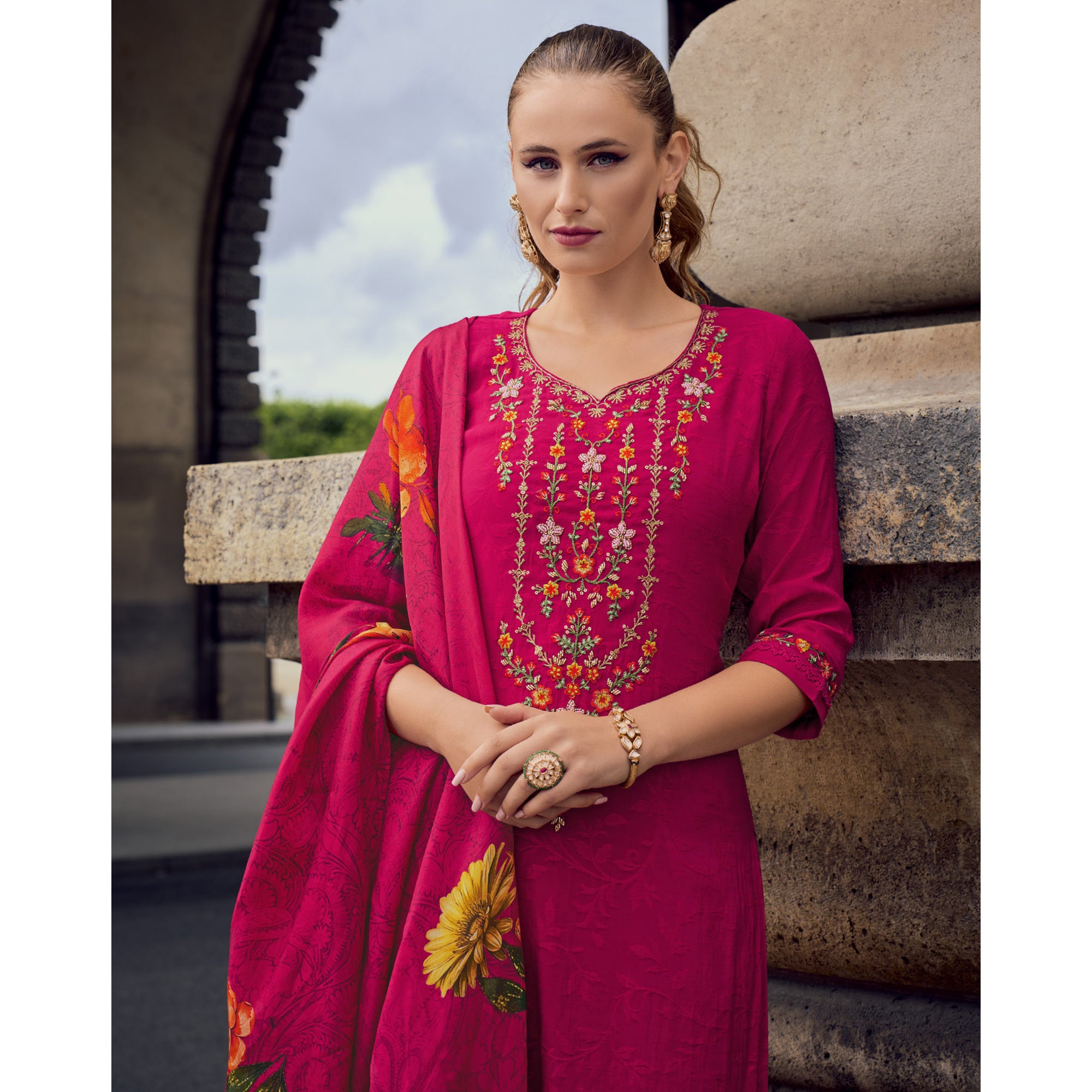 Rani Pink Floral Sequins Embroidery With Handwork Viscose Salwar Suit