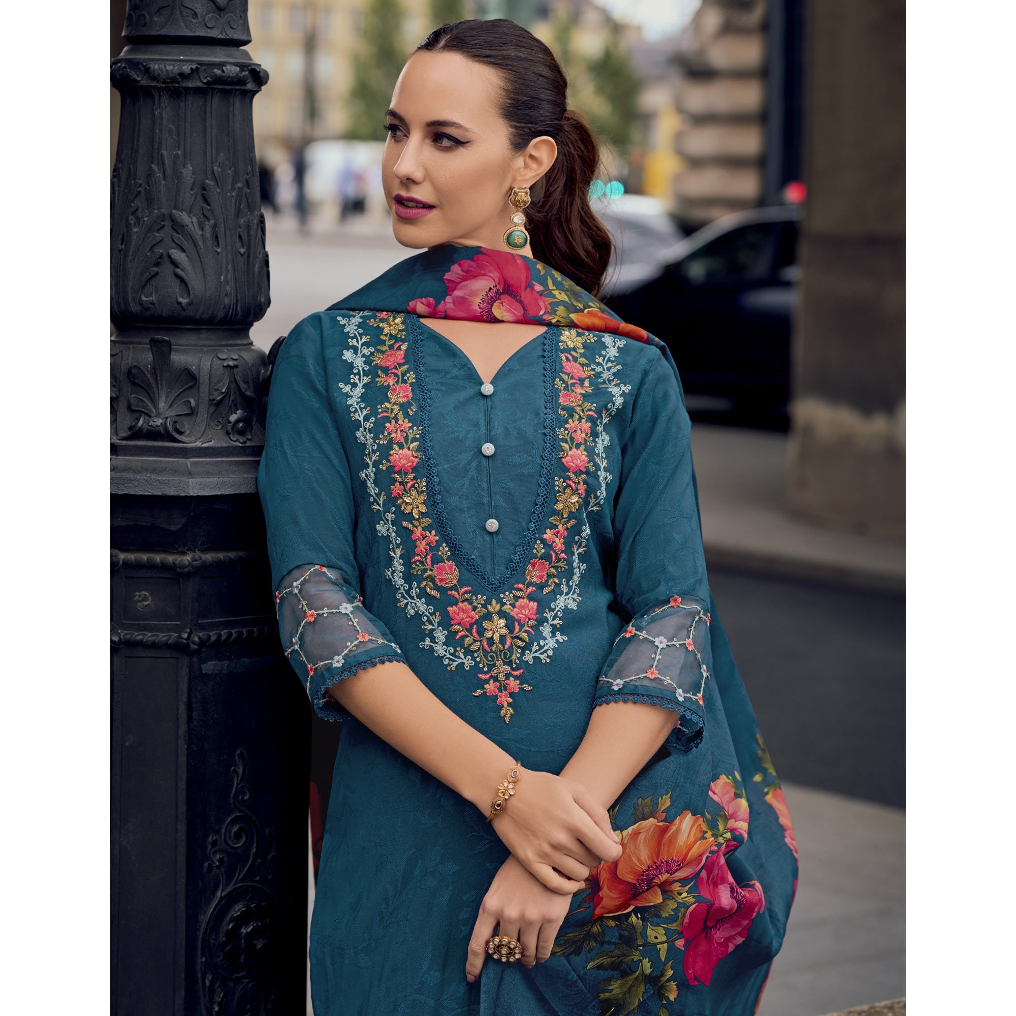 Teal Floral Sequins Embroidery With Handwork Viscose Salwar Suit