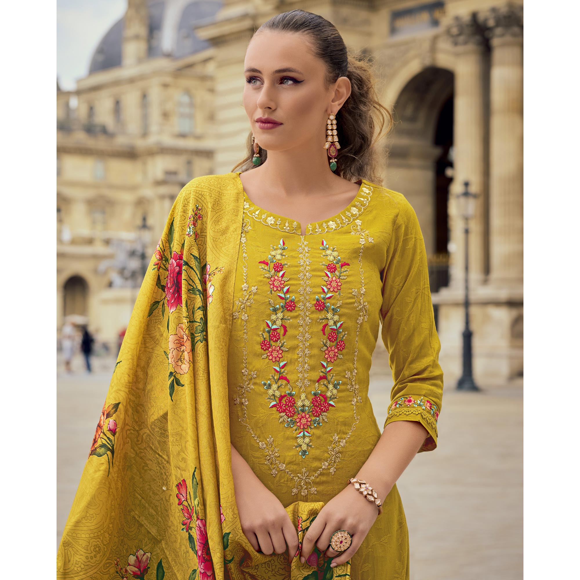 Yellow Floral Sequins Embroidery With Handwork Viscose Salwar Suit