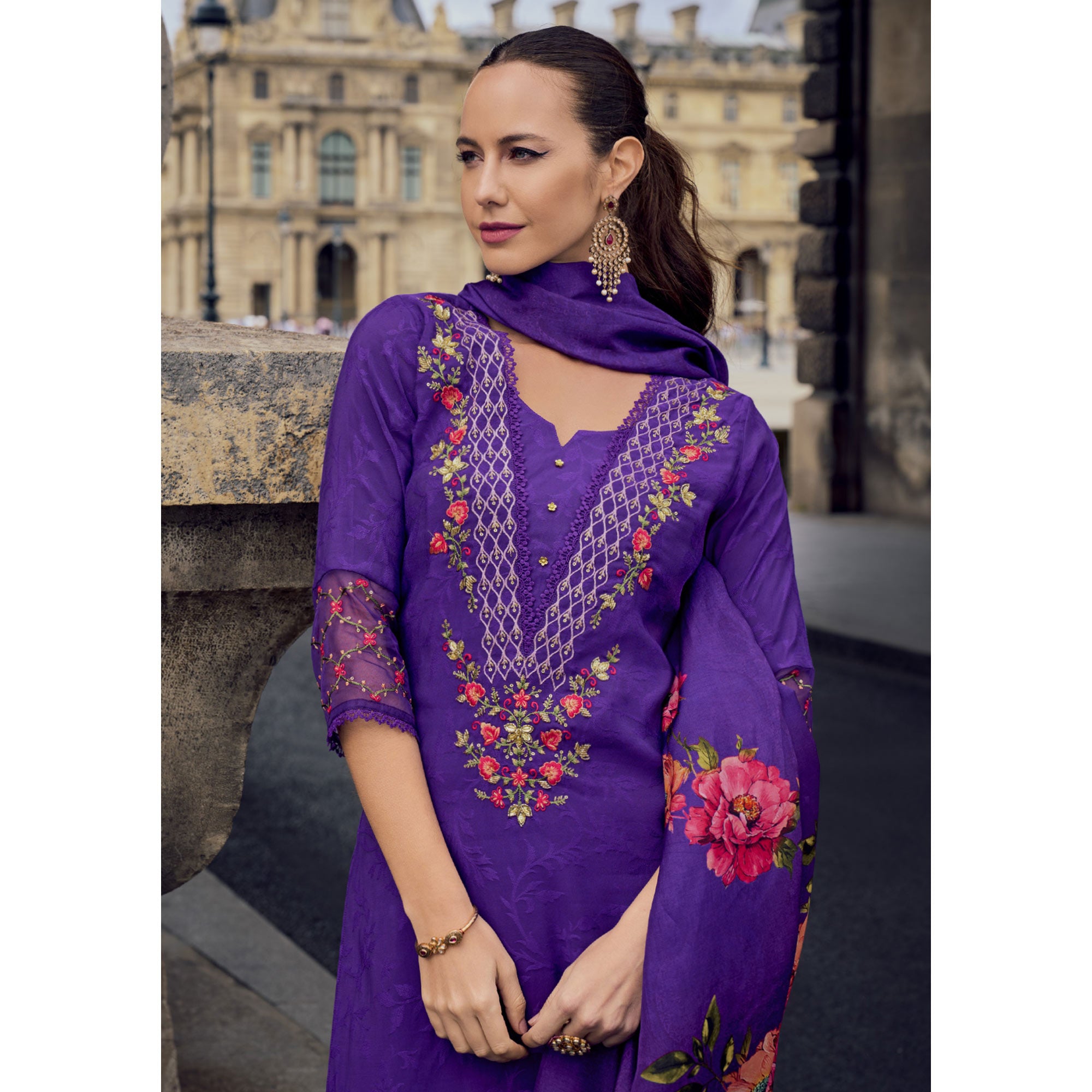 Purple Floral Sequins Embroidery With Handwork Viscose Salwar Suit