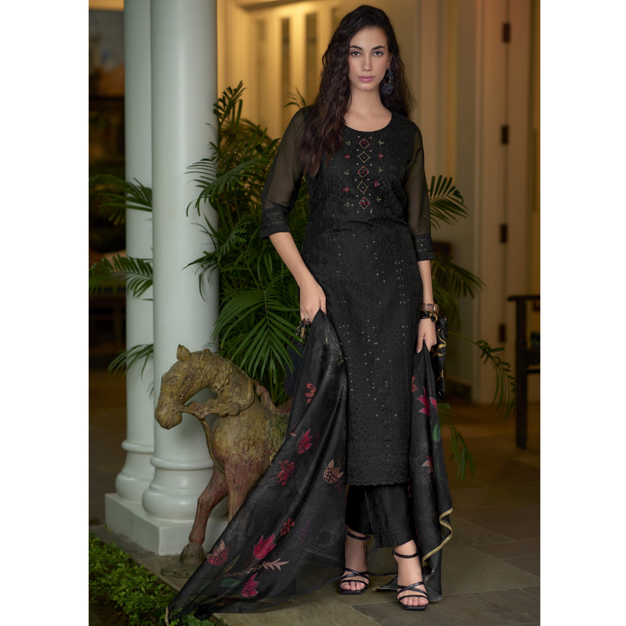 Black Chikankari With Handwork Organza Salwar Suit