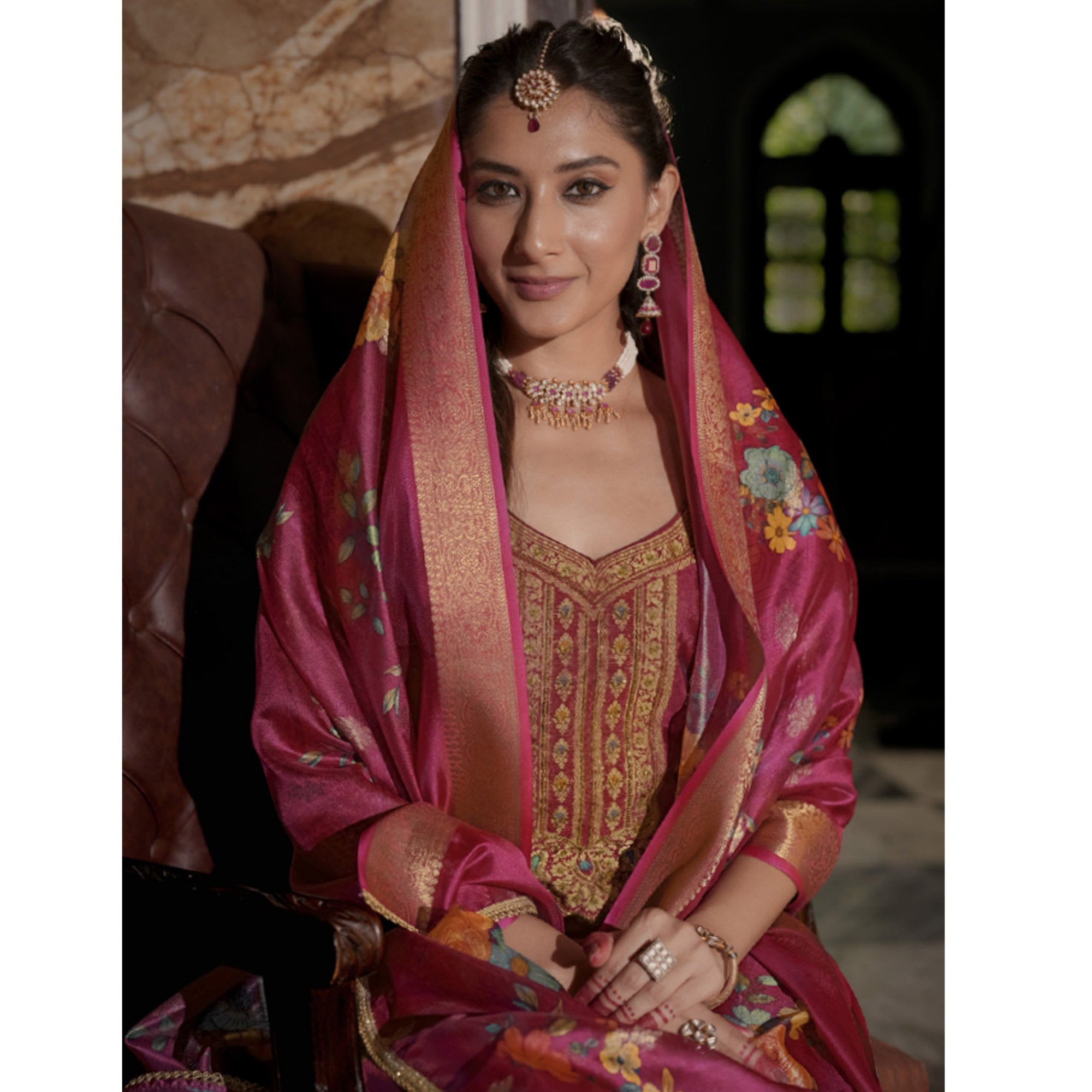 Pink Floral Woven With Handwork Organza Salwar Suit