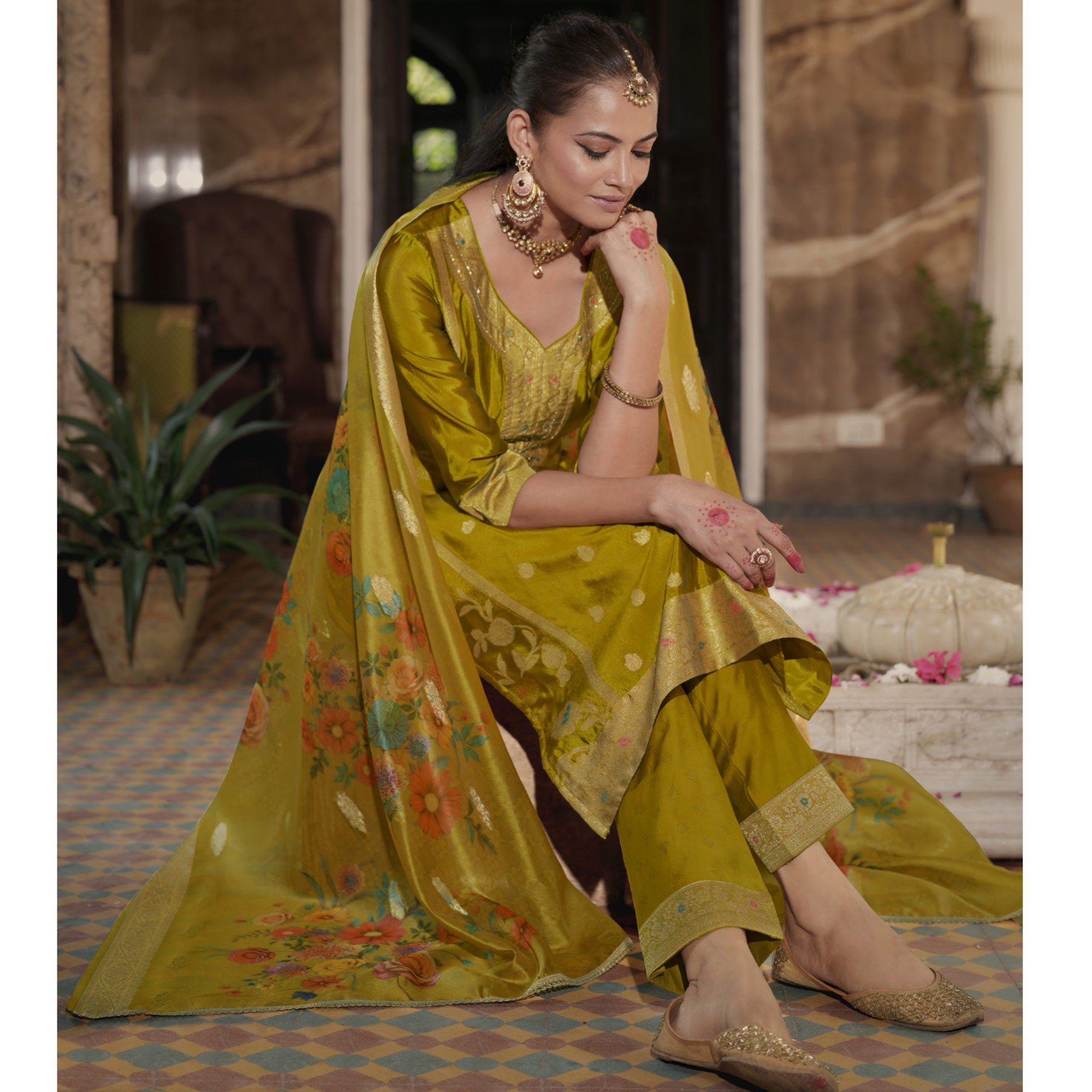 Olive Green Floral Woven With Handwork Organza Salwar Suit