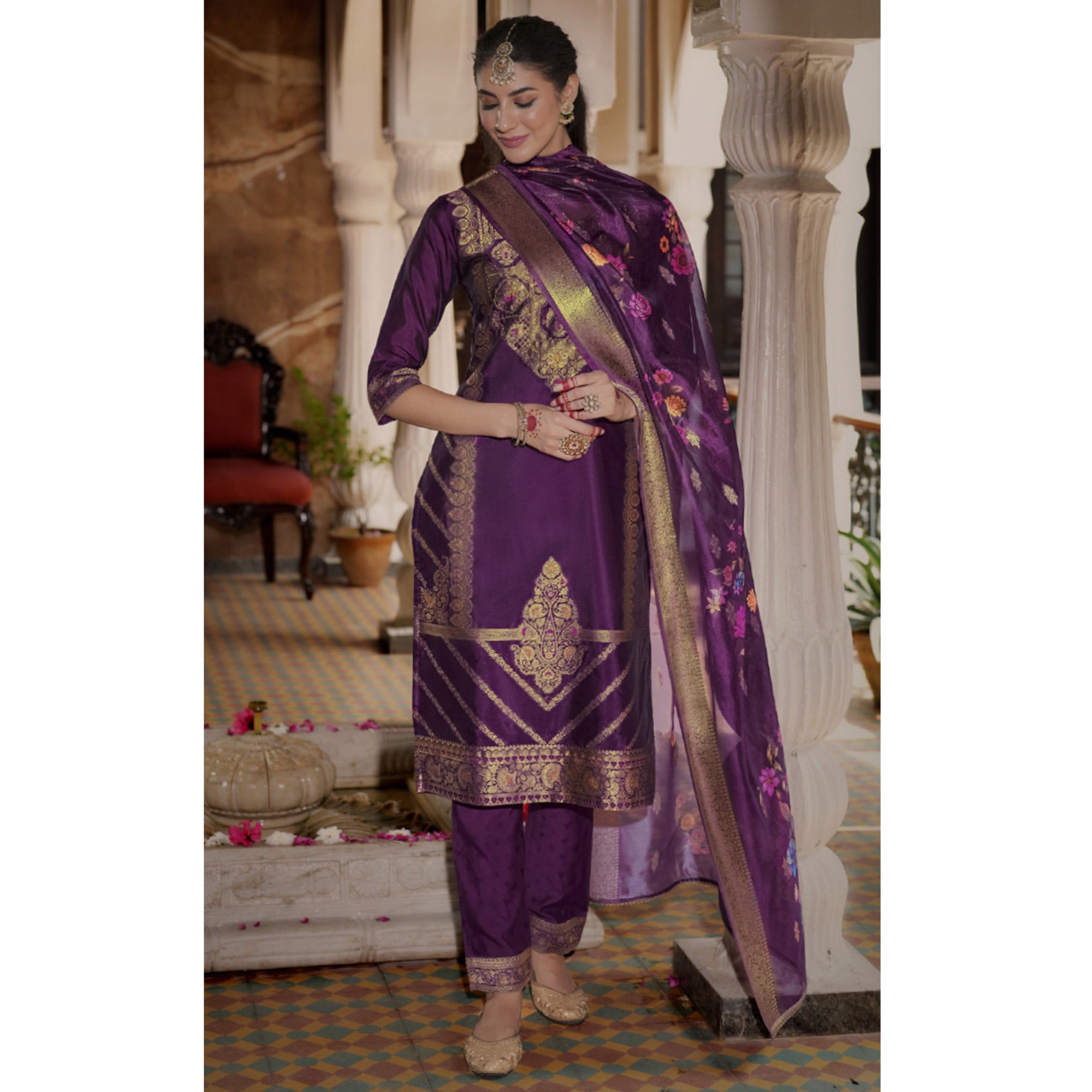 Purple Floral Woven With Handwork Organza Salwar Suit