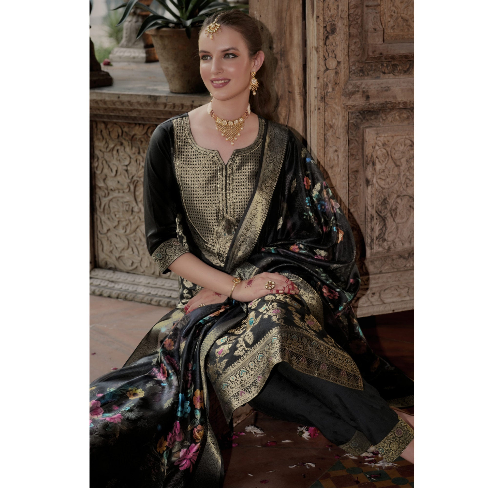 Black Floral Woven With Handwork Organza Salwar Suit