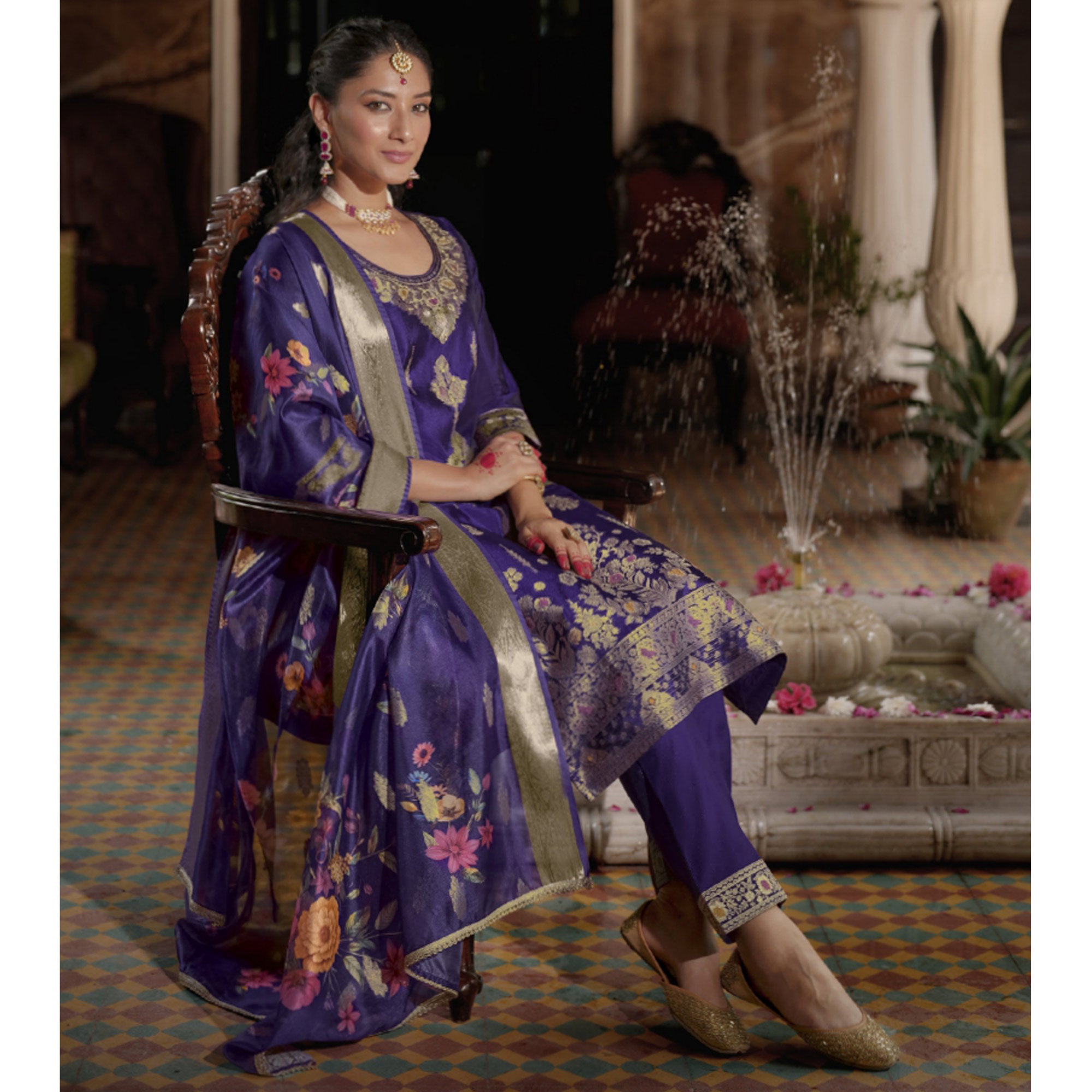 Violet Floral Woven With Handwork Organza Salwar Suit