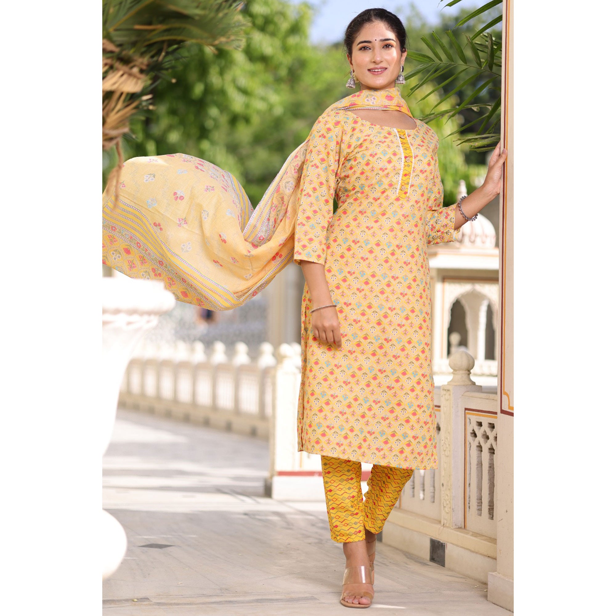 Yellow Floral Printed Pure Cotton Suit