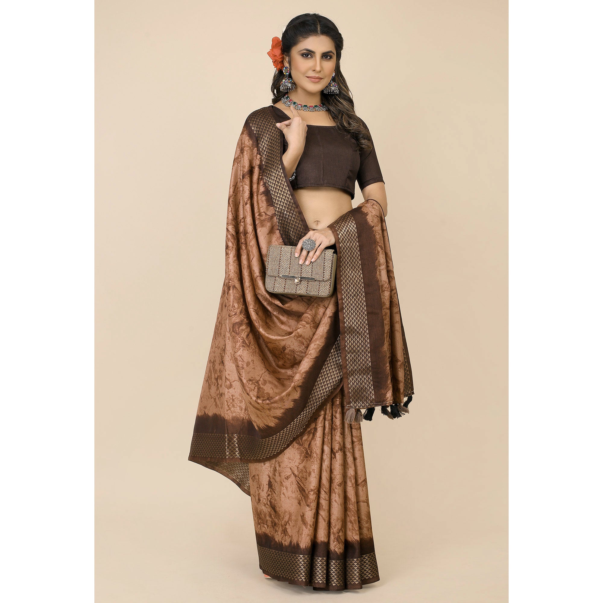 Coffee Brown Printed Cotton Silk Saree With Zari Border