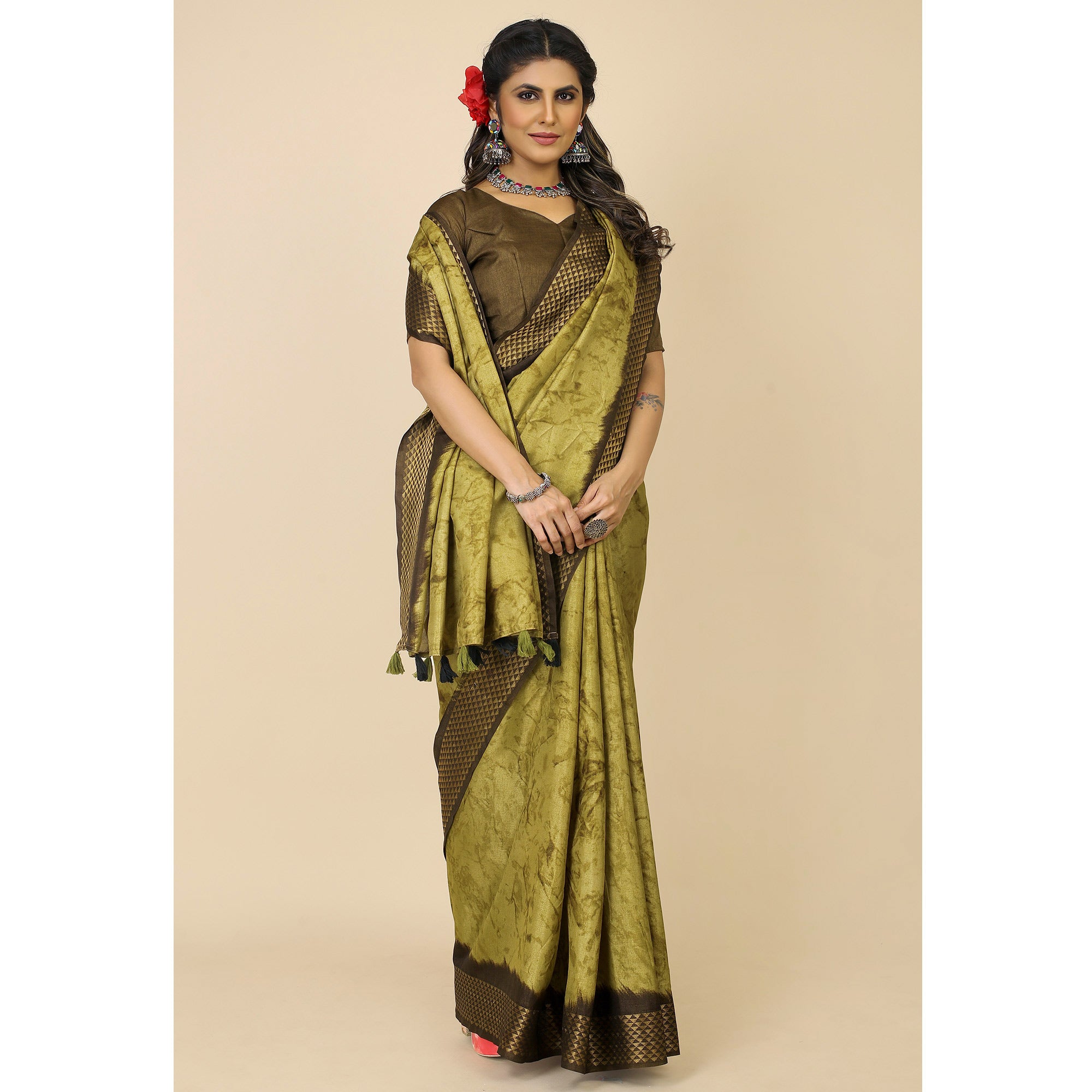 Mehendi Green Printed Cotton Silk Saree With Zari Border