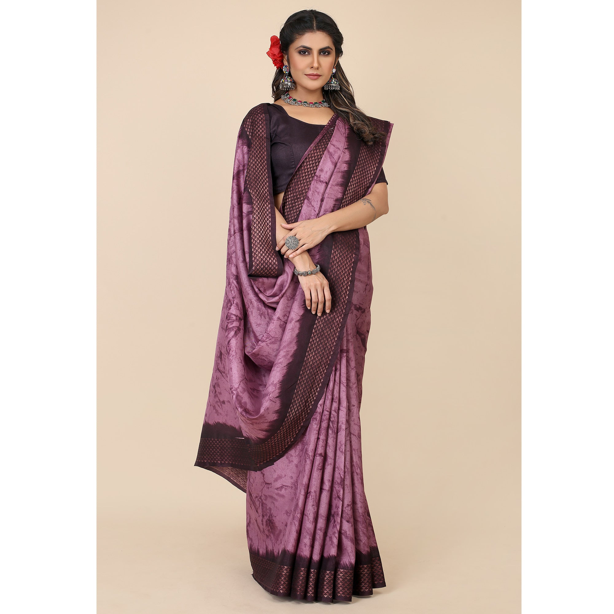 Purple Printed Cotton Silk Saree With Zari Border