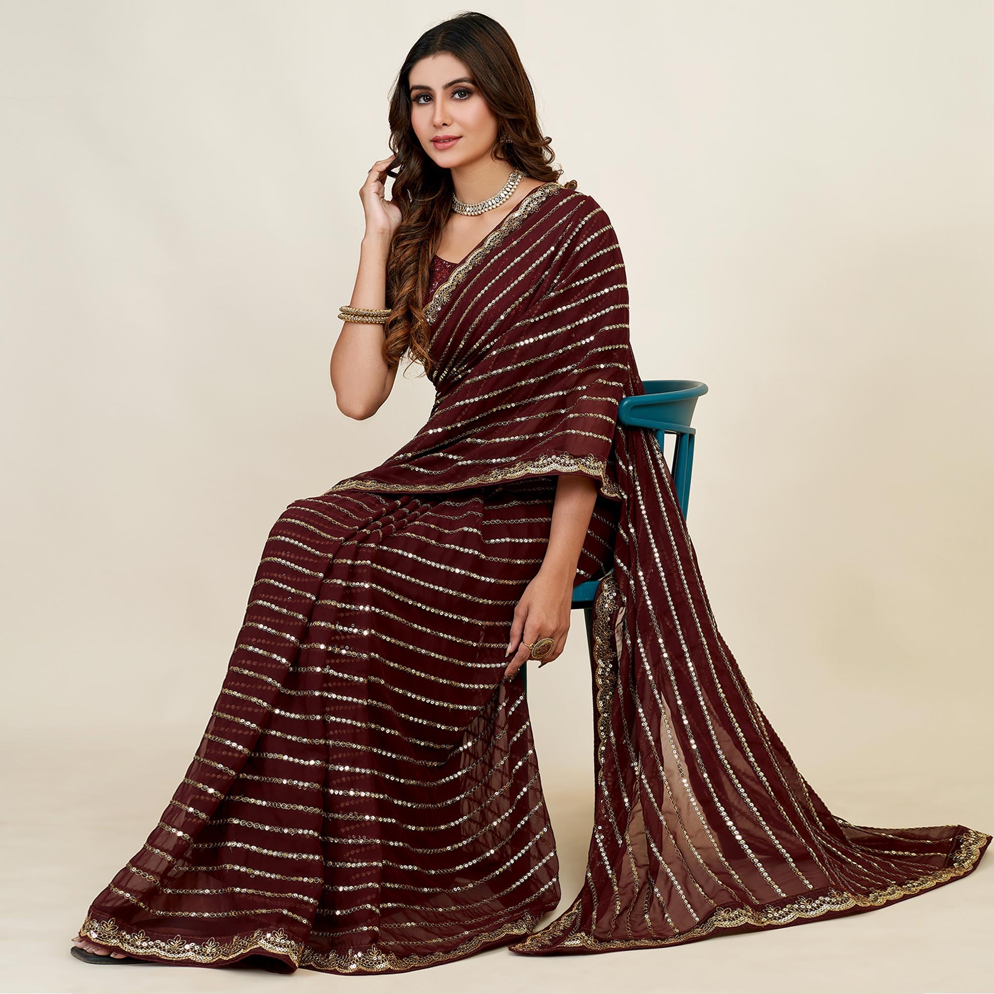 Brown Sequins Embroidered Georgette Saree